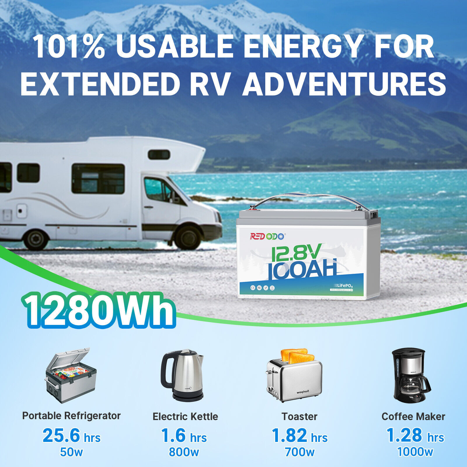 Redodo 12V 100Ah 200Ah LiFePO4 Lithium Battery with BMS for RV Off-Grid Marine