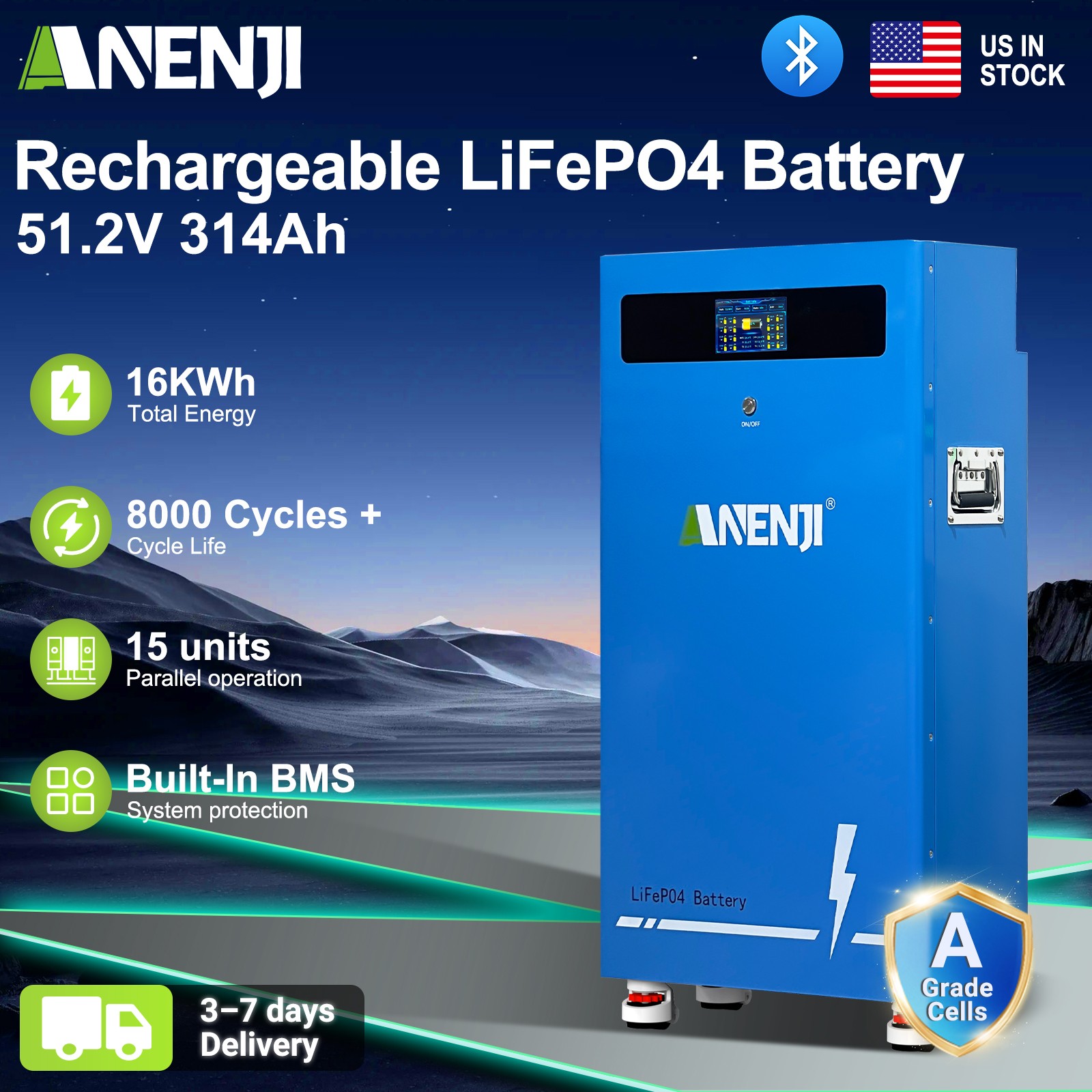 48V 314Ah 16.07kWh Lithium Battery LiFePO4 Bluetooth 200A BMS RV Solar Off-grid