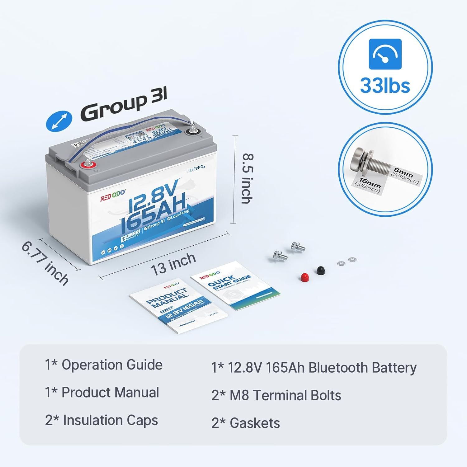 Redodo 12V 165Ah LiFePO4 Battery with Bluetooth 165A Group 31 Lithium Battery
