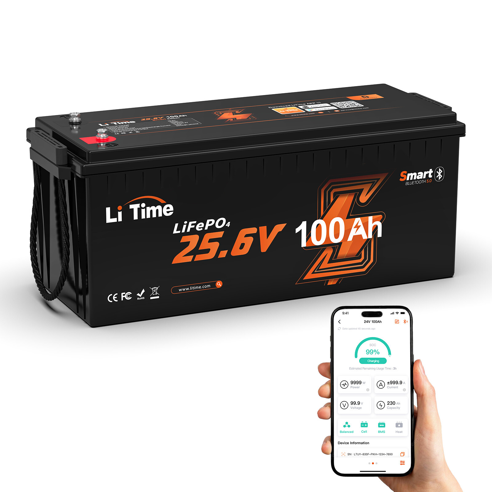 LiTime 24V 100Ah Bluetooth Low Temp LiFePO4 Lithium Battery BMS For Solar Marine