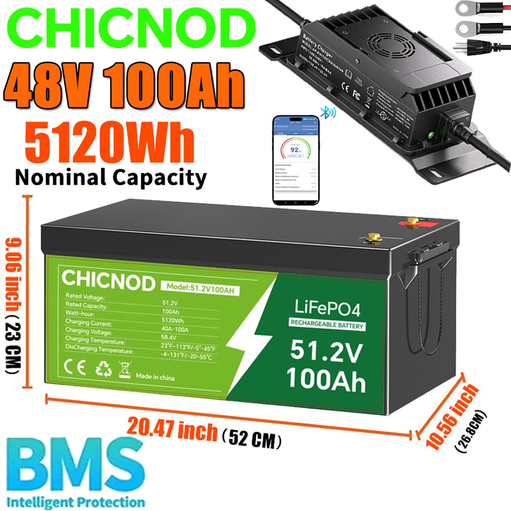 48V 100Ah LiFePO4 Lithium Battery Deep Cycle Built-in BMS With 58.4V 20A Charger