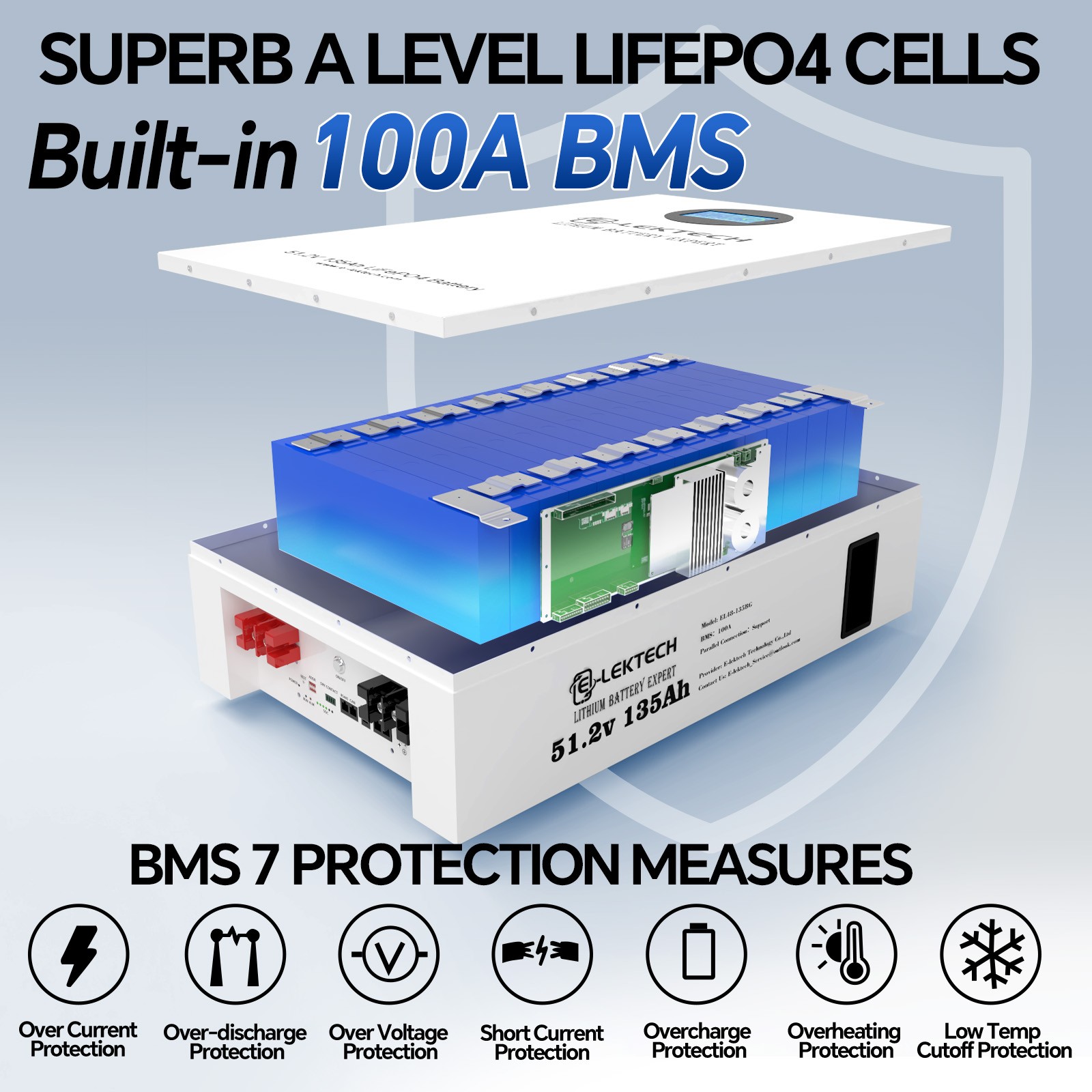 48V 51.2V 135Ah LiFePO4 Lithium Battery Wall Mounted 100A BMS Solar Home Backup