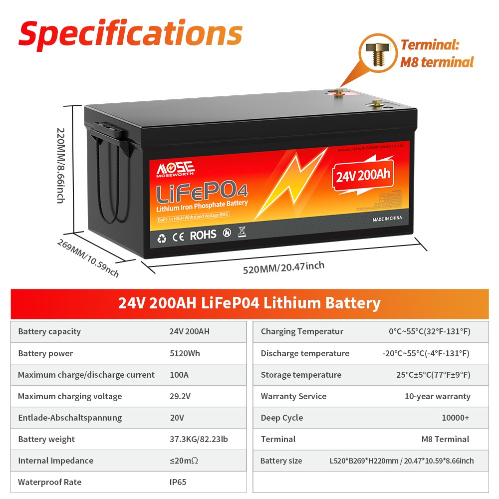 24V 200Ah LiFePO4 Deep Cycle Lithium Battery 200A BMS RV Solar Off-grid Marine