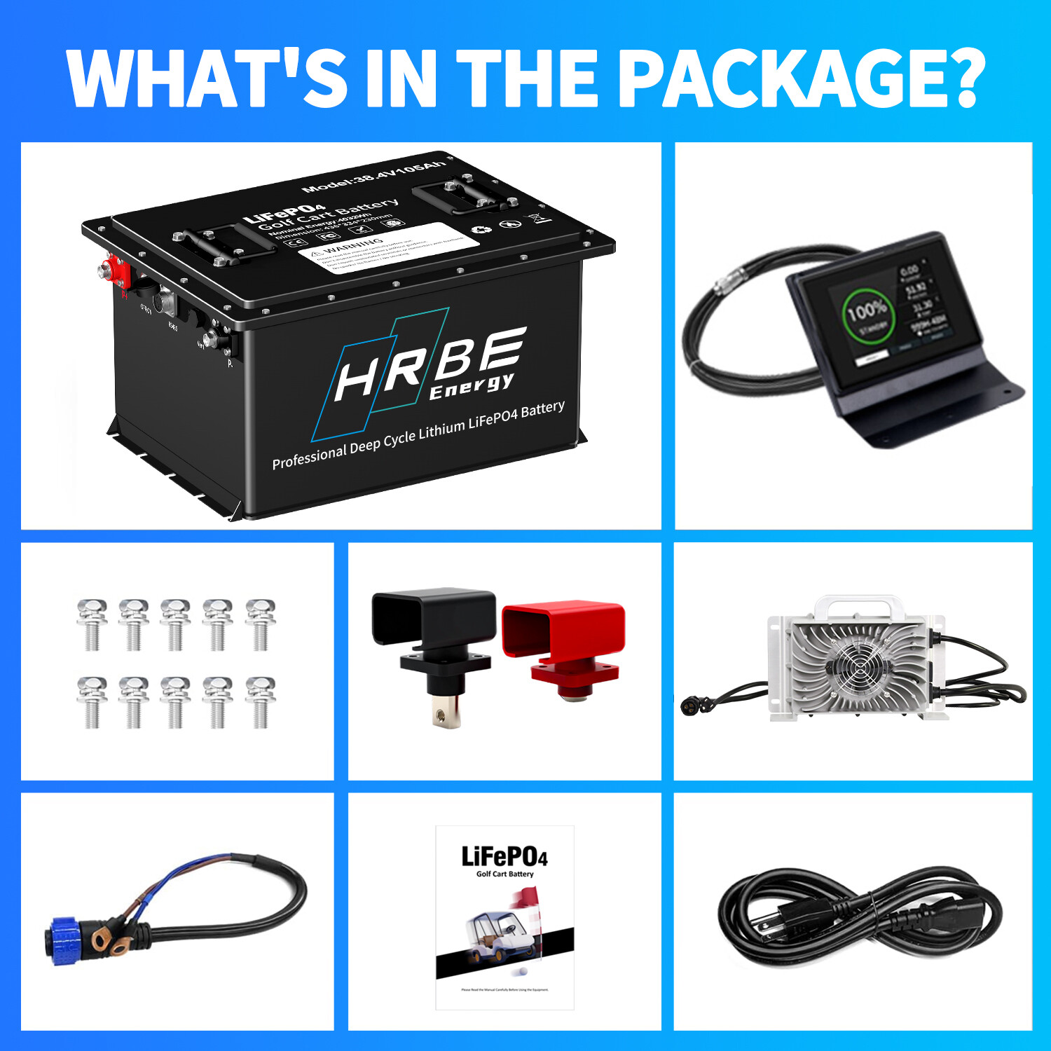 36V 105Ah LiFePO4 Golf Cart Battery kit with 20A charger + Touch Monitor + APP