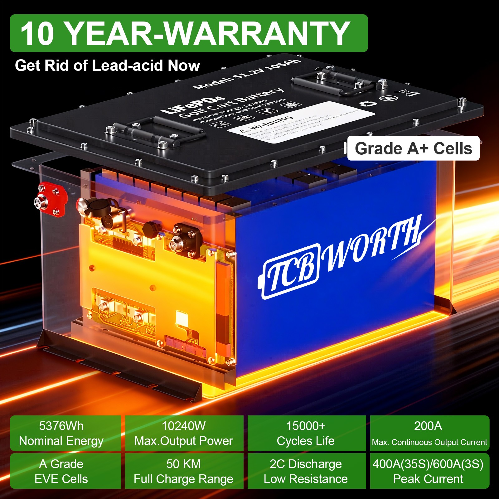 48V 105AH Lithium Golf Cart Battery 200A BMS for EZGO Club Car Yamaha&20A Charge