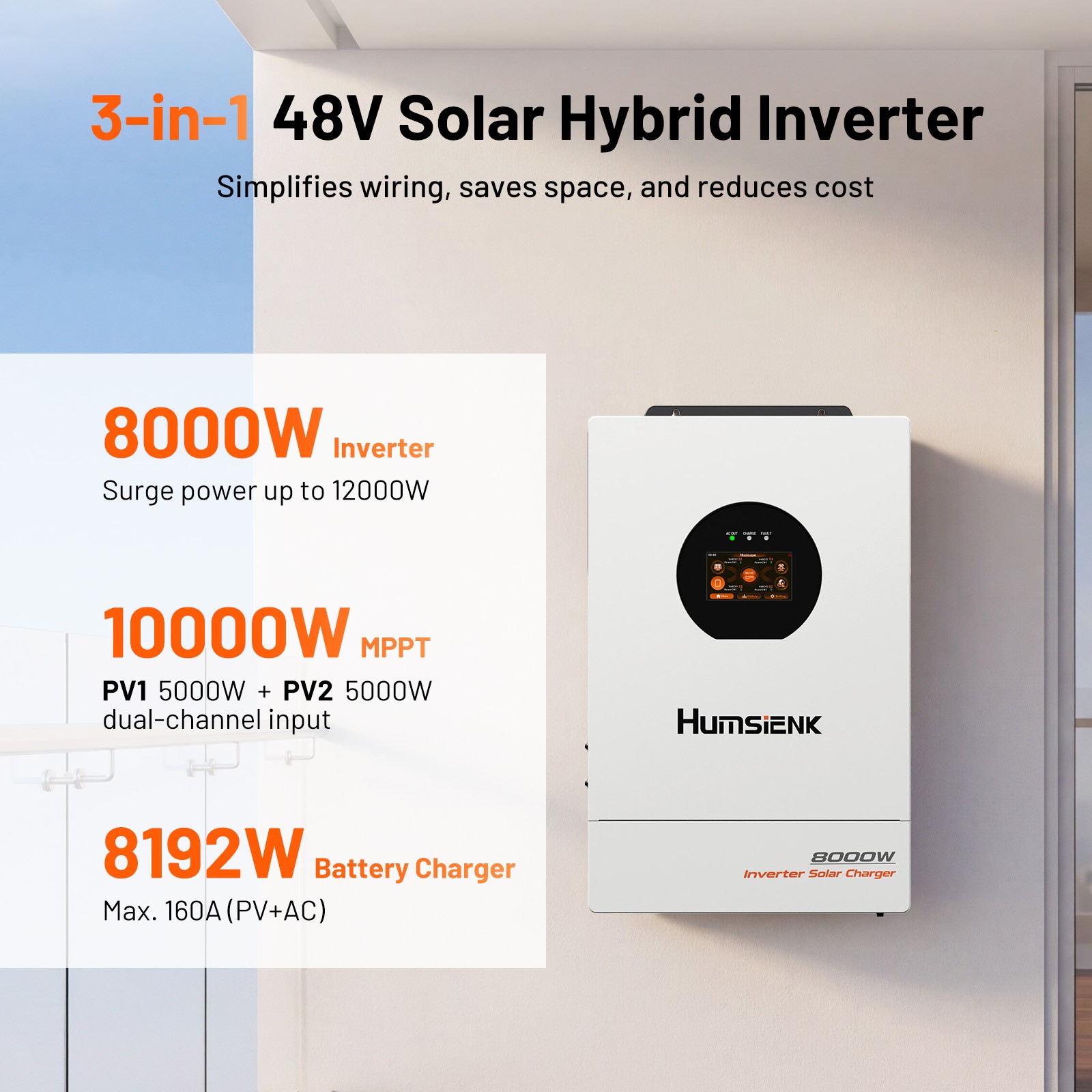 48V 100V 5120Wh Wall-Mounted LiFePO4 Battery +48V 8KW Solar Hybrid Inverter 240V