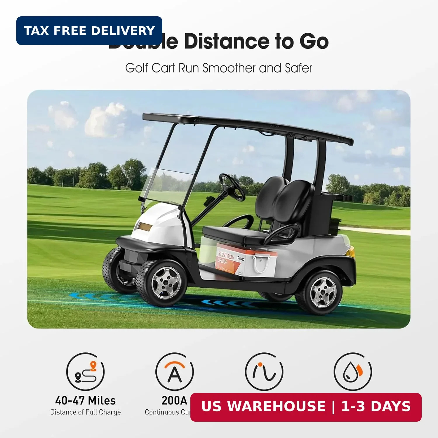 48V (51.2V) 100Ah LiFePO4 Lithium Golf Cart Battery, Built-in 200A BMS, Complete