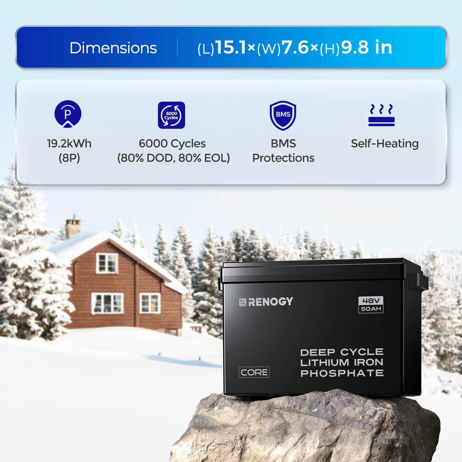 Renogy 48V 50Ah Smart Lithium Iron Phosphate Battery w/Self-heating Backup Power