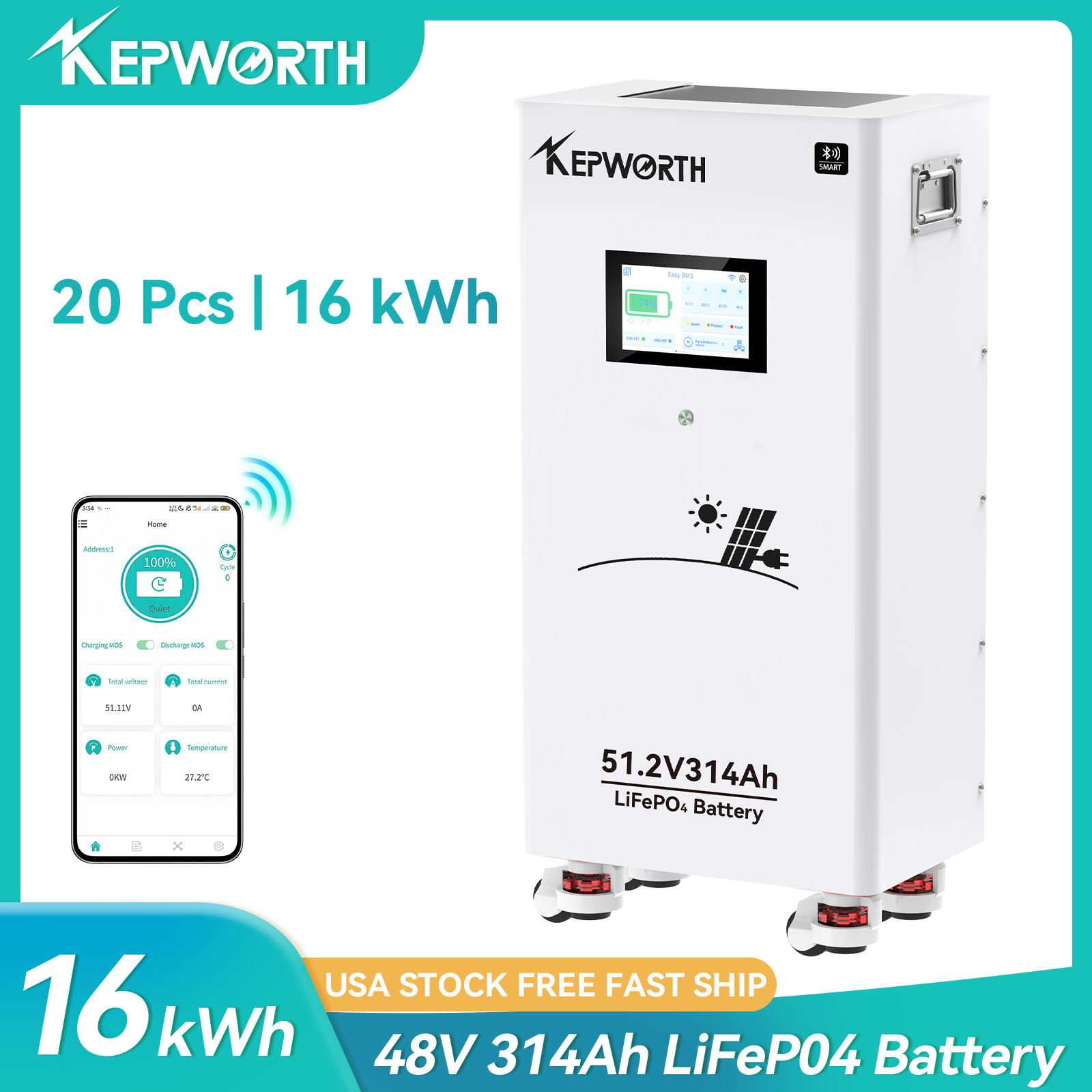 20X 48V 314Ah 16kWh Lithium Battery LiFePO4 Bluetooth 200A BMS RV Solar Off-grid