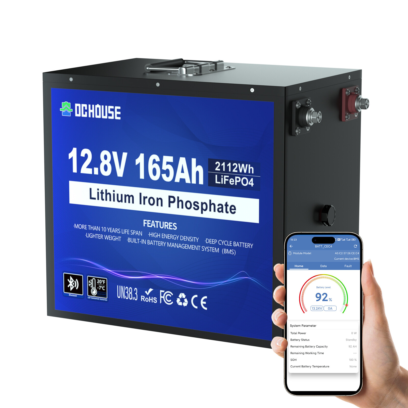 DC HOUSE 12V 165Ah LiFePO4 Lithium Battery Low-Temp Protection Portable Camping
