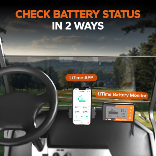 LiTime 48V 100Ah Bluetooth Golf Cart LiFePO4 Lithium Battery Charger Monitor Set
