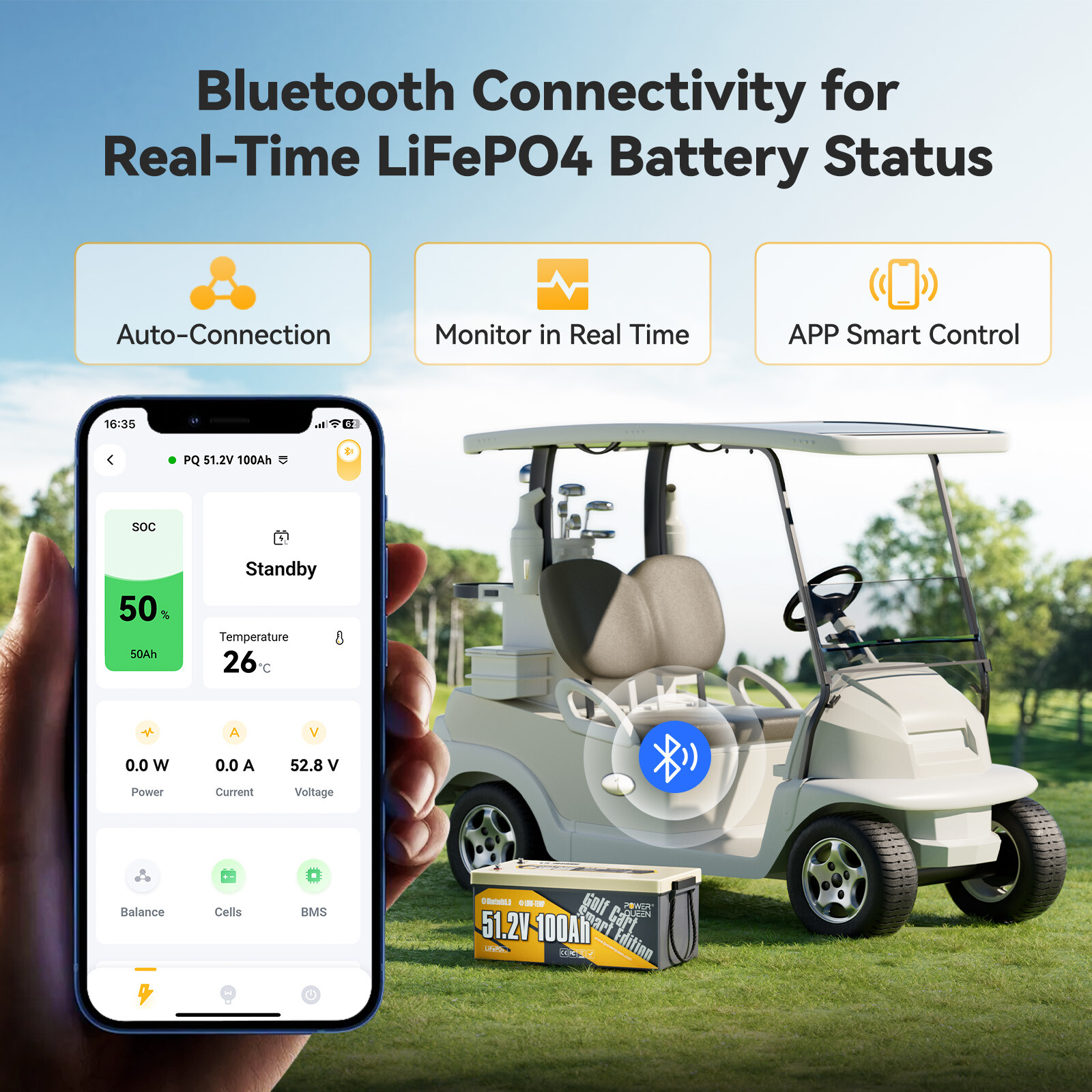 Power Queen 48V 100Ah Bluetooth Lithium LiFePO4 Battery 200A BMS for Golf Cart
