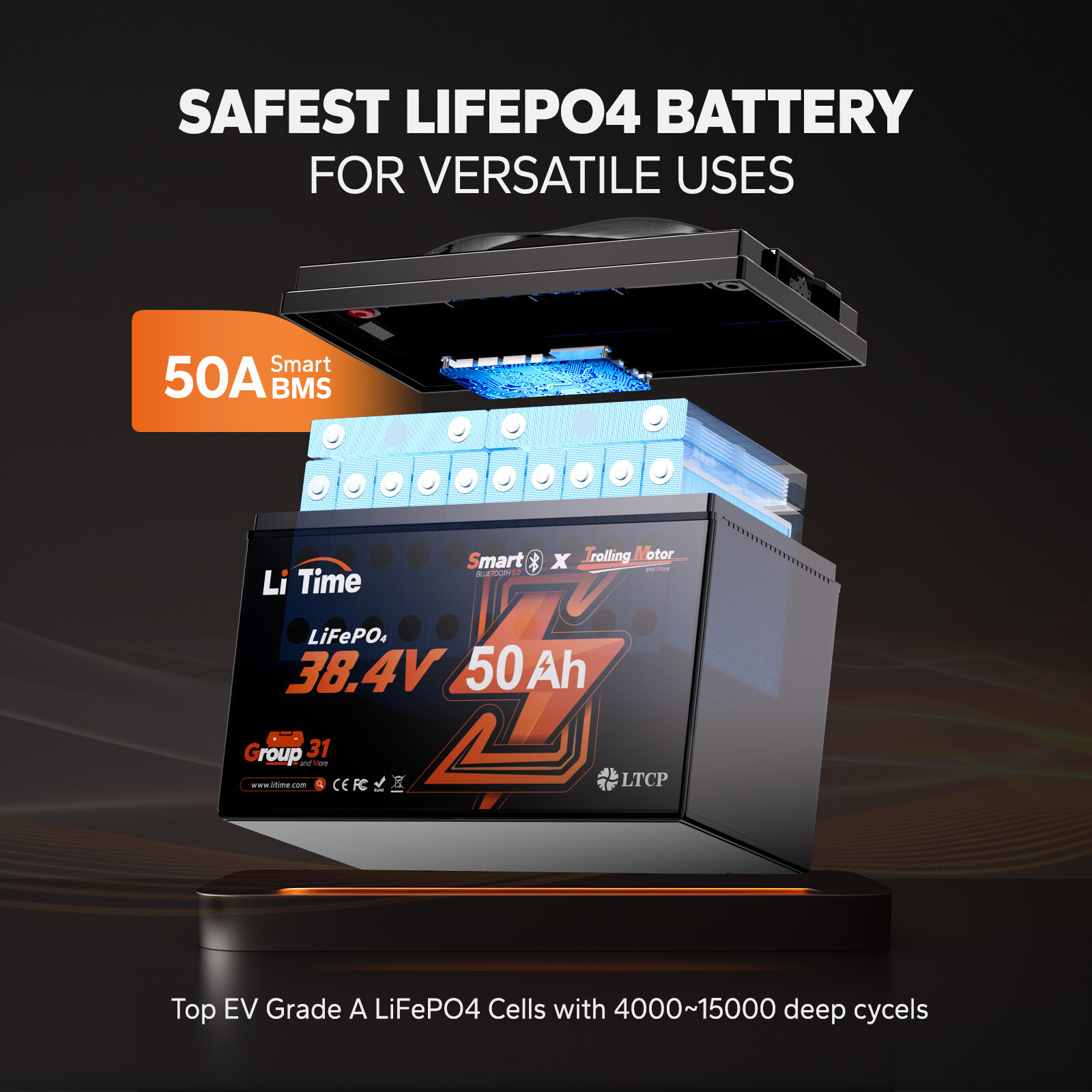 LiTime 36V 50Ah Bluetooth Group 31 LiFePO4 Battery Deep Cycle for Trolling Motor