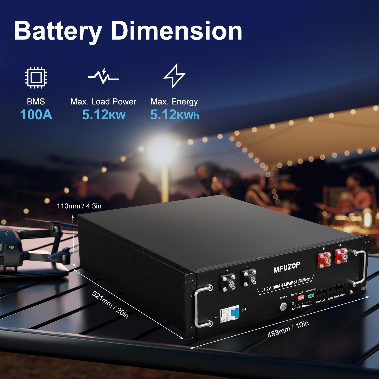 MFUZOP 5.12kWh 48V 100AH Server Rack LiFePO4 Lithium Battery 3U Size V3