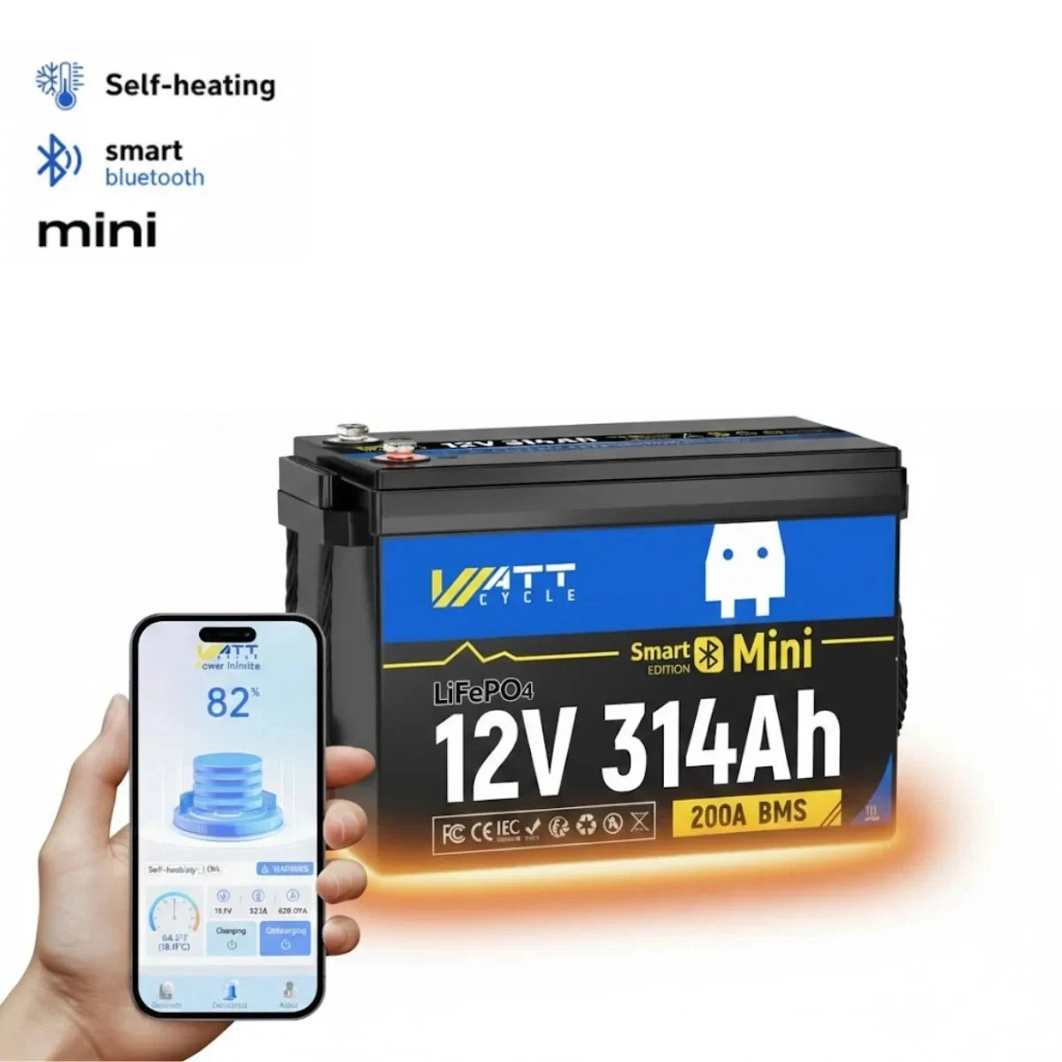 12V 300Ah LiFePO4 Lithium Battery 314Ah Mini Self-Heating for RV Marine Off-Grid