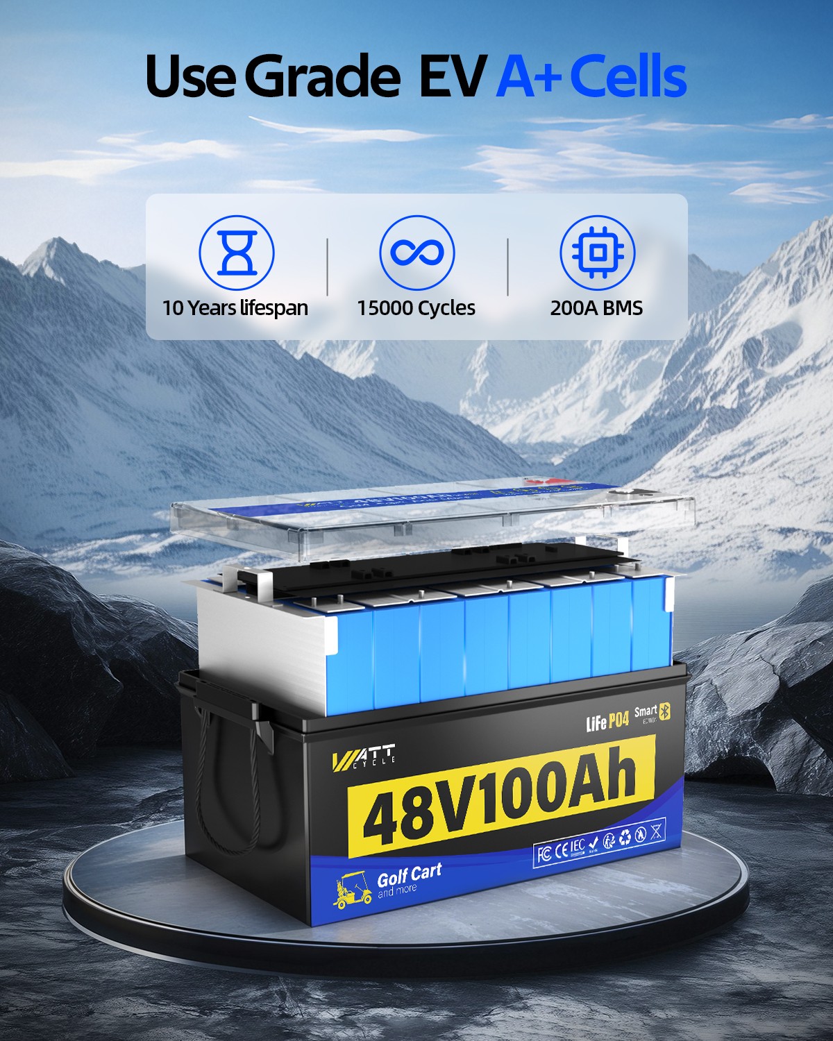 Wattcycle 48V 100Ah LiFePO4 Lithium Battery 5120Wh Metal Case for Golf Cart