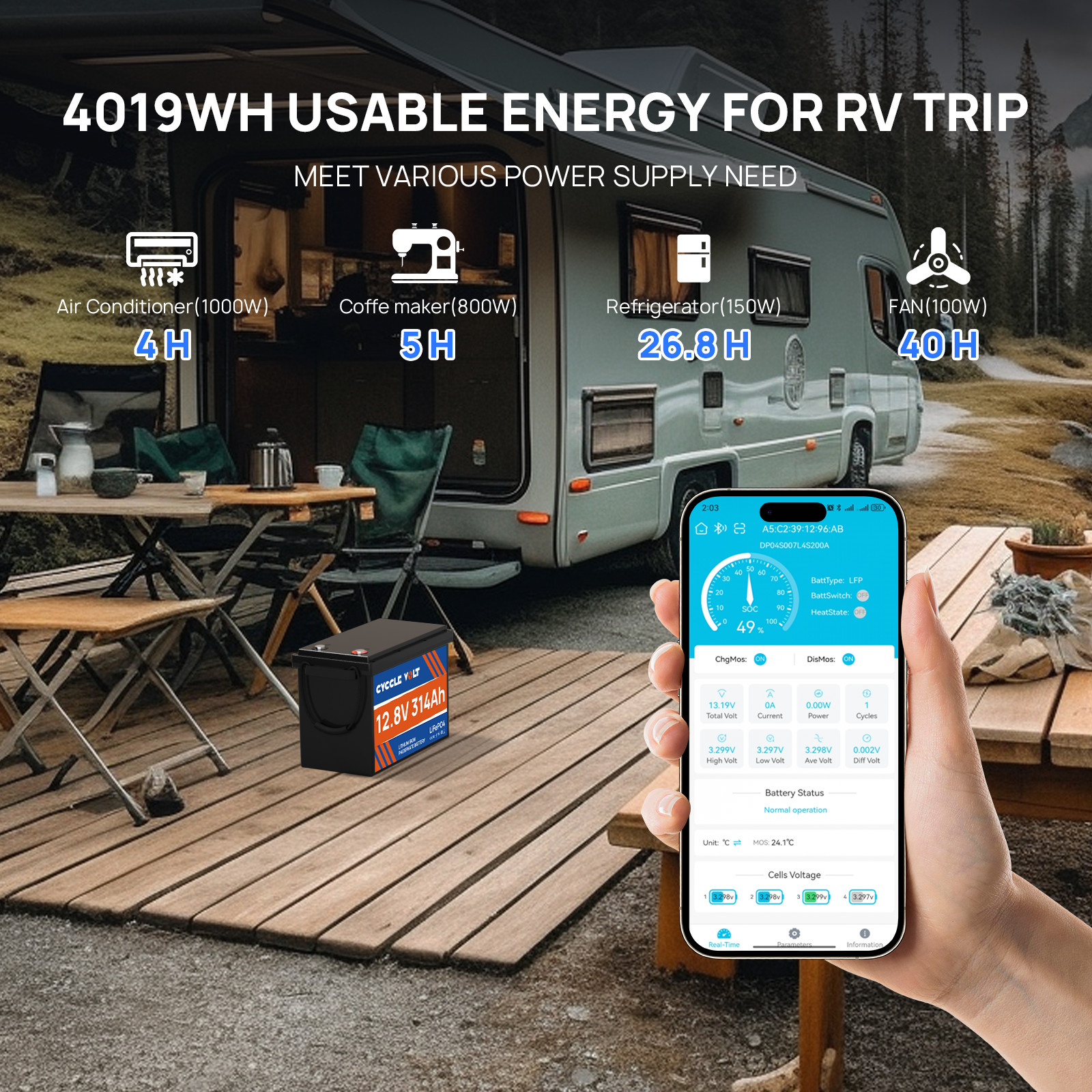 12V 314Ah 300Ah LiFePO4 Battery 4Kwh Lithium Bluetooth RV Marine Solar Off-Grid
