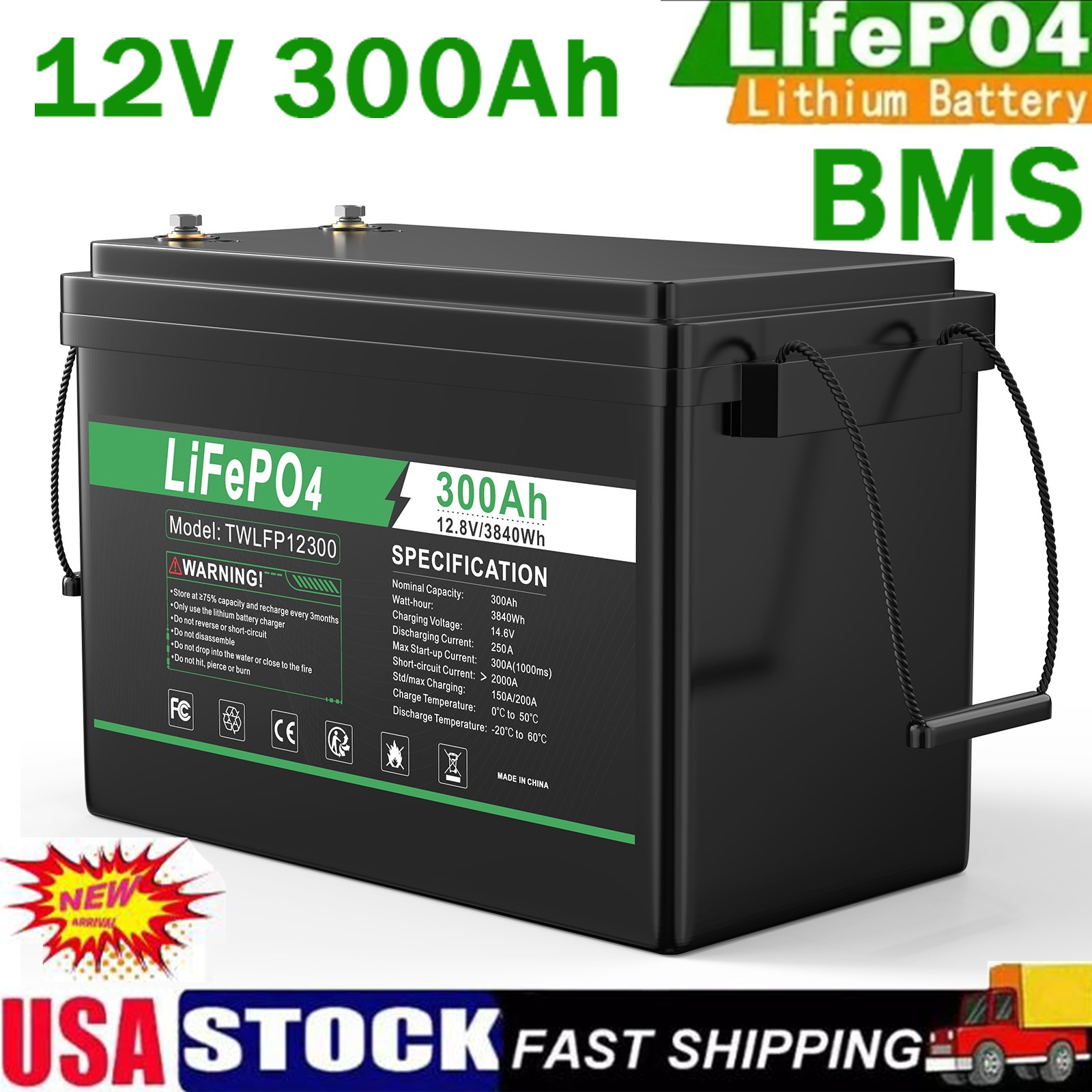 12V 300Ah LiFePO4 Lithium Battery BMS 3000+ Deep Cycles for RV Solar Marine