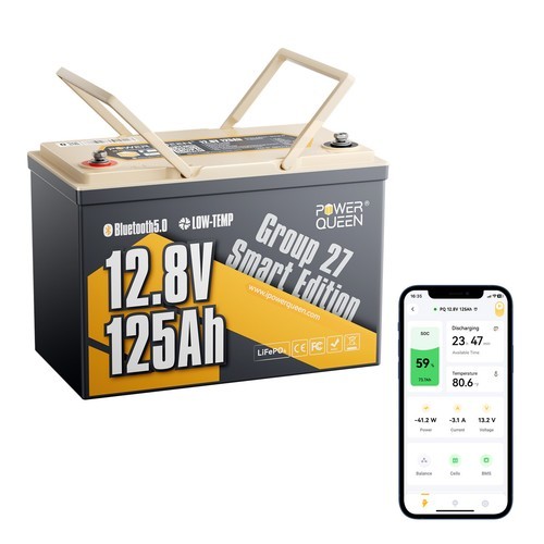 Power Queen 12V 125Ah Group 27 Bluetooth LiFePO4 Lithium Battery for RV Marine