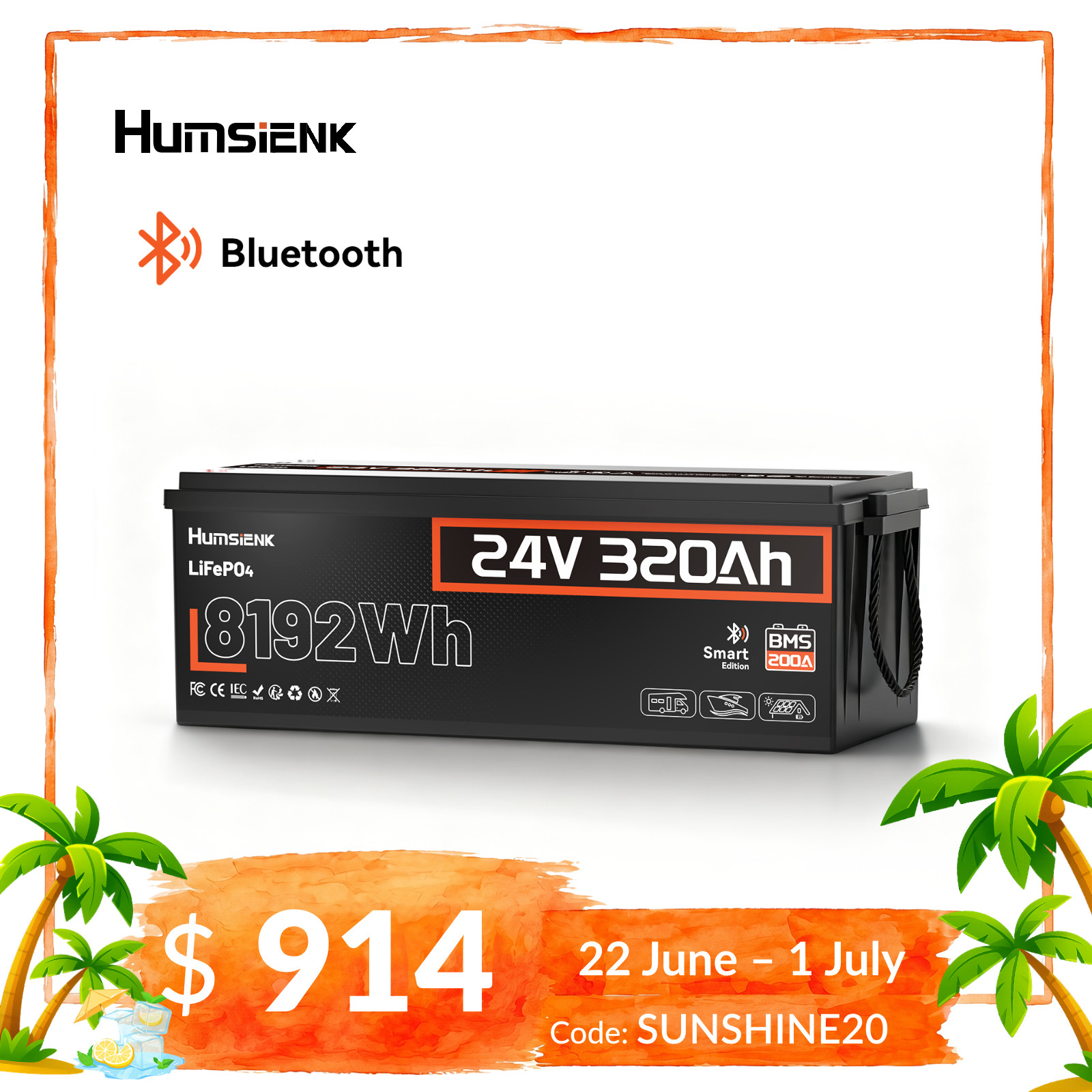 Humsienk 24V 300Ah 320Ah LiFePO4 Lithium Battery Deep Cycles Bluetooth Marine RV