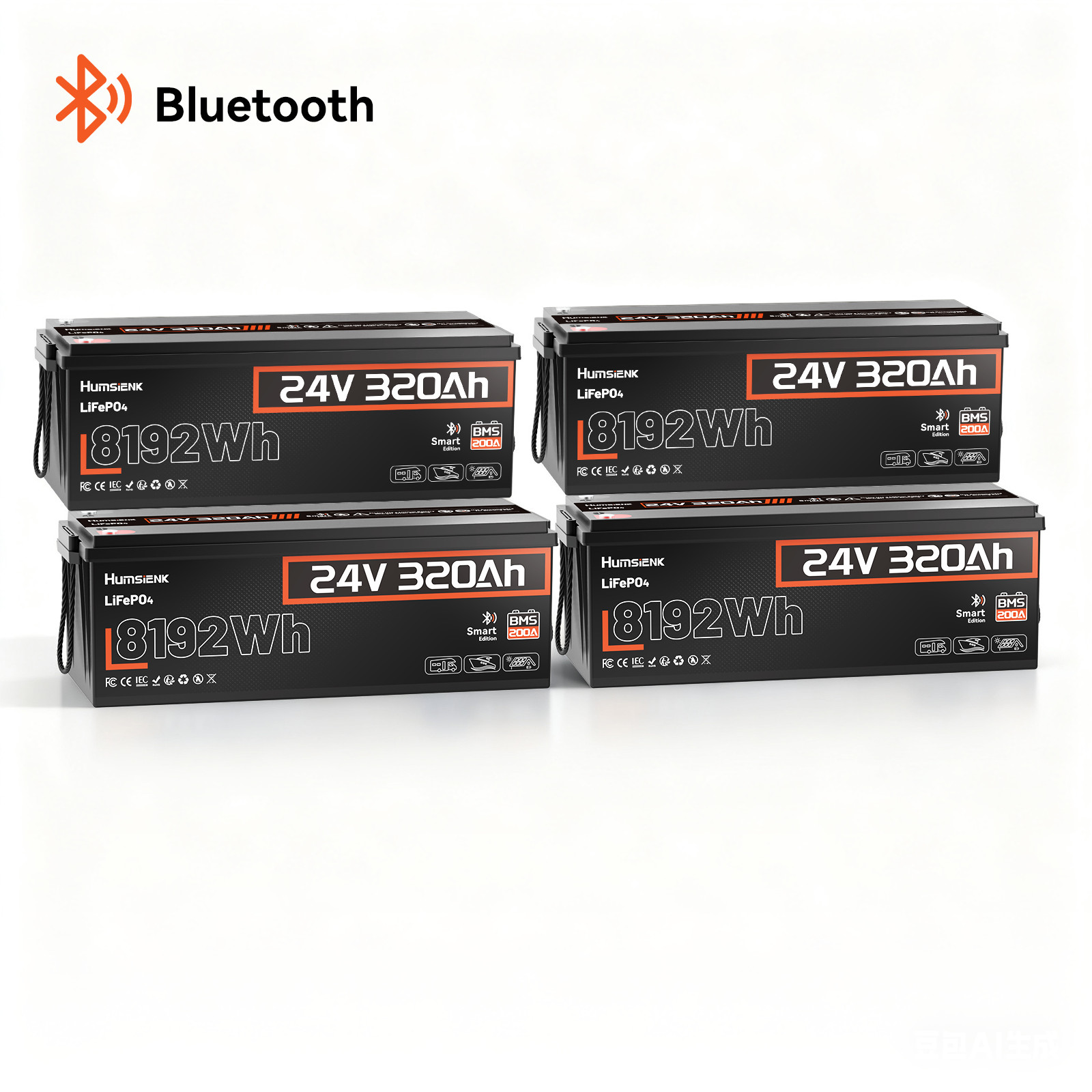 Humsienk 24V 320Ah LiFePO4 Lithium Battery Deep Cycle Off-grid Power Backup 4Pcs