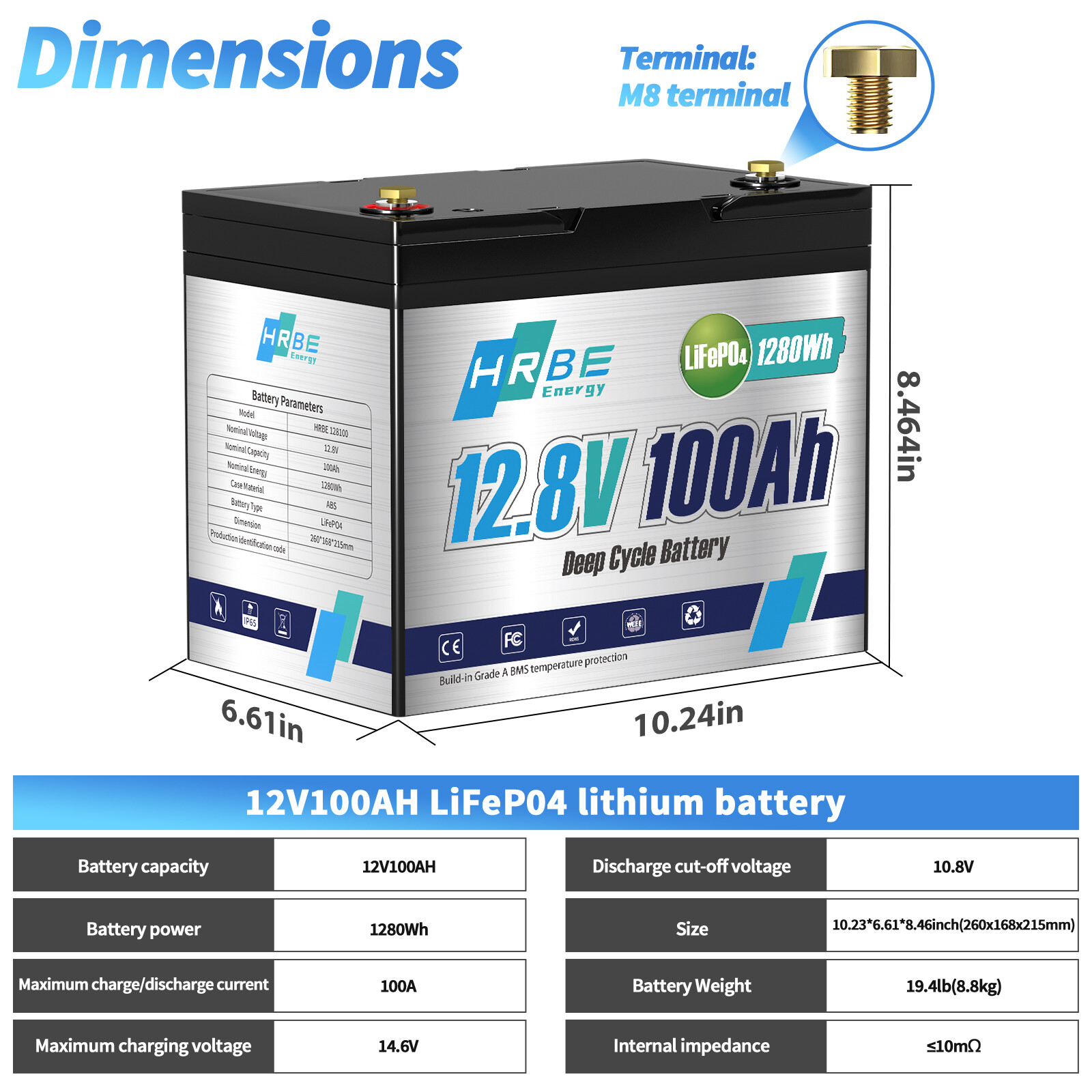 12V 100Ah LiFePO4 Lithium Battery BMS Deep Cycle For RV Solar Energy 1280Wh