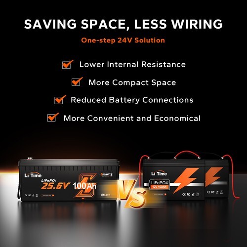 Litime 24V 100Ah Bluetooth 5.0 Low Temp LiFePO4 Lithium Battery For Off-grid RV
