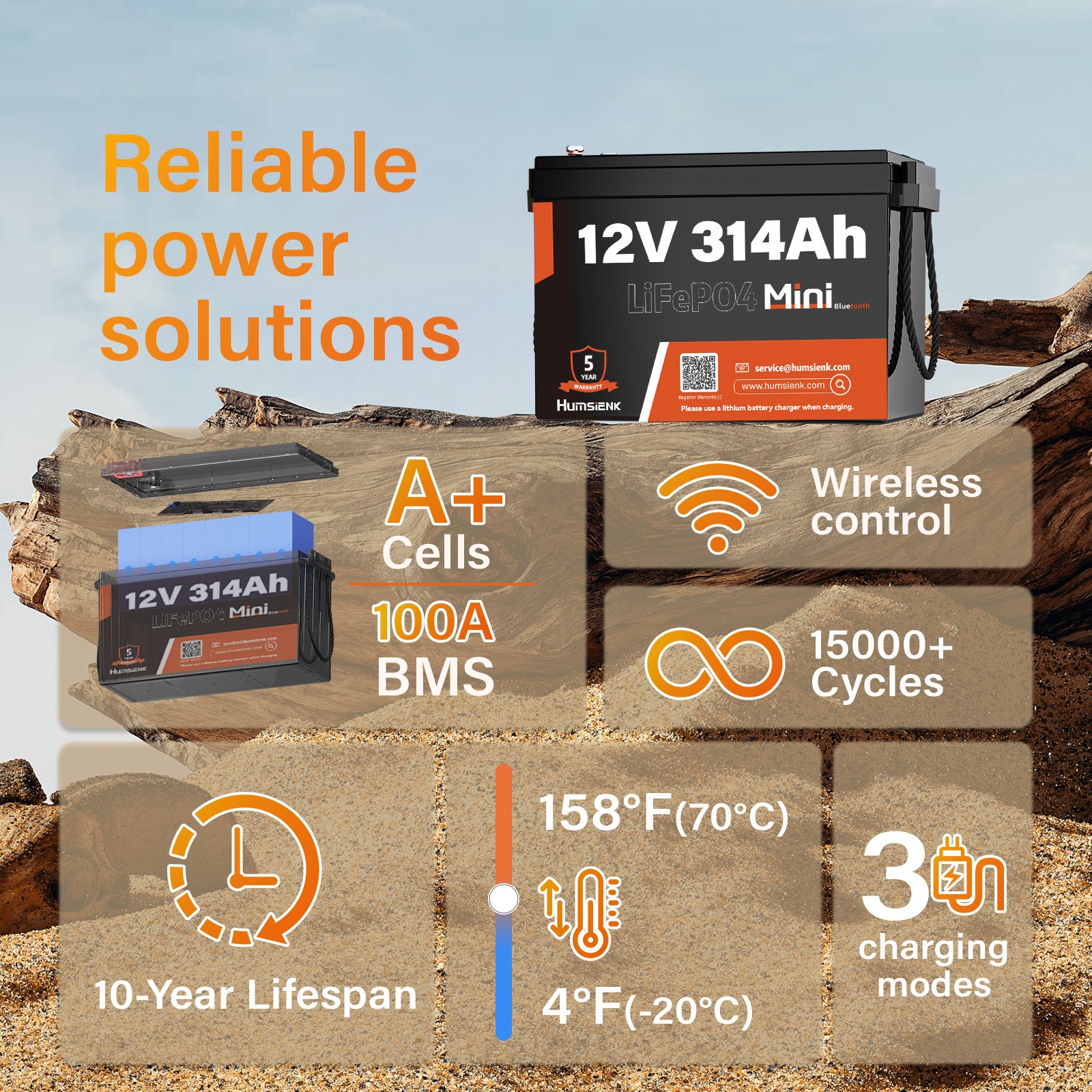 Bluetooth 12V 314Ah LiFePO4 Lithium Battery 200A BMS Deep Cycles Off-Grid