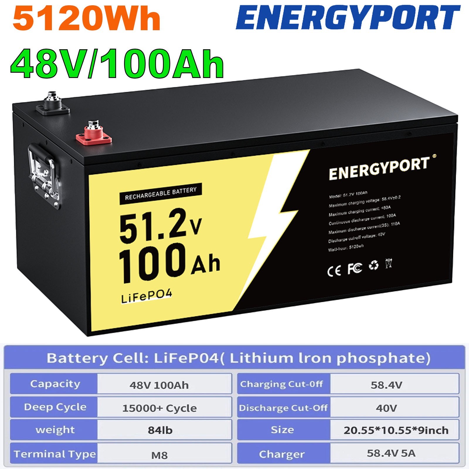 48V 100Ah LiFePO4 Lithium Battery BMS 5120Wh for Trolling Motor Golf Cart Solar