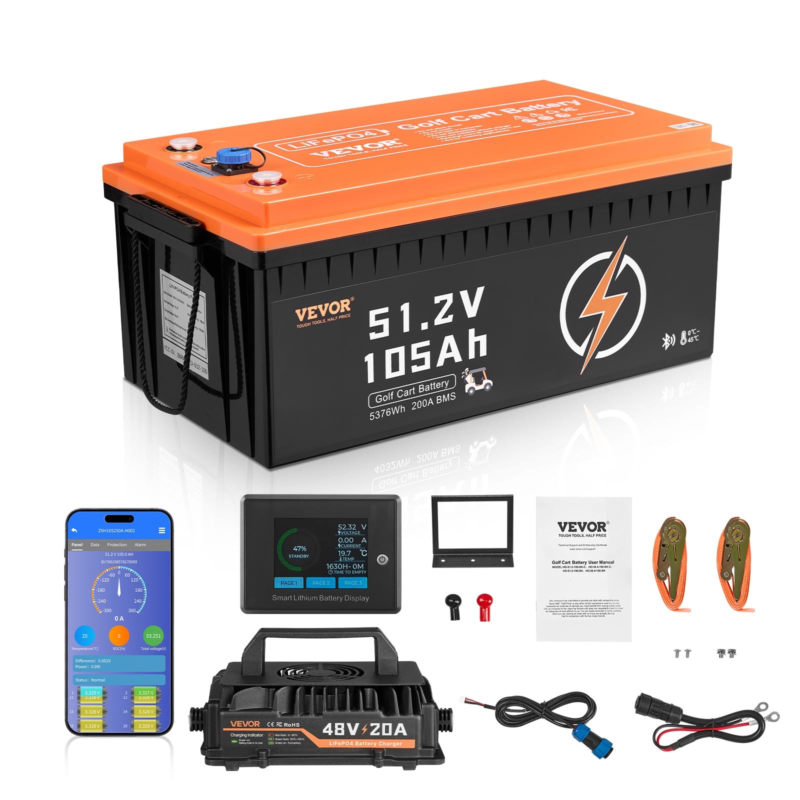 VEVOR 48V 105Ah Golf Cart Lithium Battery 20A Charger LCD Monitor & 4000+ Cycle