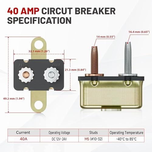 (40A 1PC) DC 12V-24V Automatic Reset Circuit Breaker #10-32 Studs 40A 1PCS