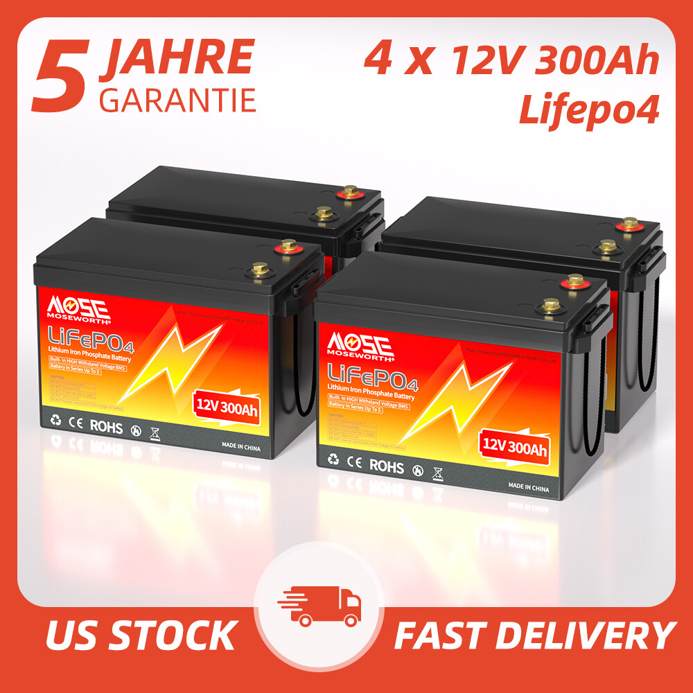 4Pack x 12V 300AH LiFePO4 Lithium Battery 15000+Cycles 200A BMS RV Marine Solar