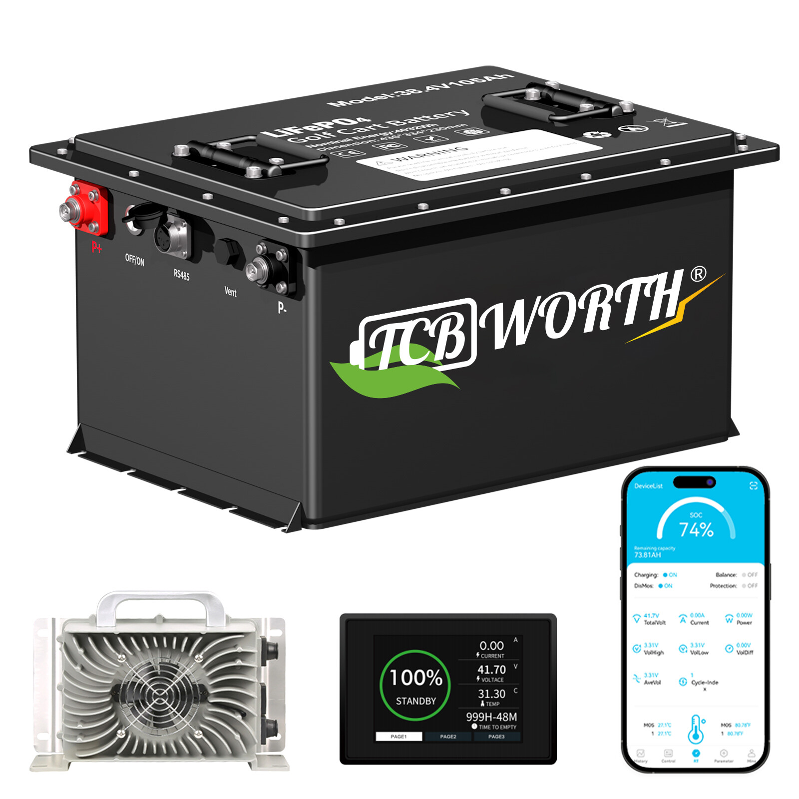 TCBWORTH 36V 105Ah Battery LiFePO4 Lithium for Golf Cart 200A BMS Monit+Charger