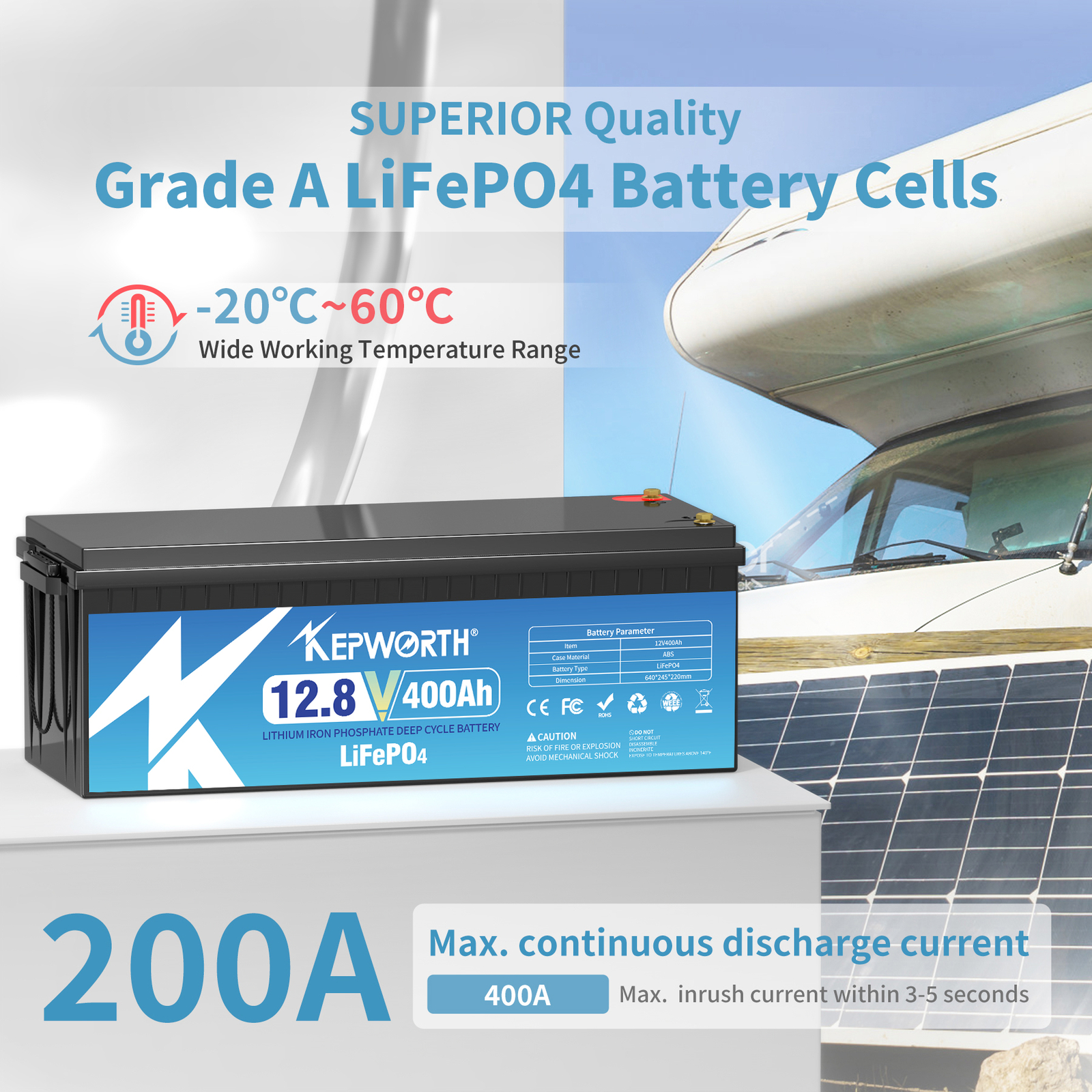 LiFePO4 12V 400Ah Lithium Battery BMS 8000+ Deep Cycles Marine RV Household Tool