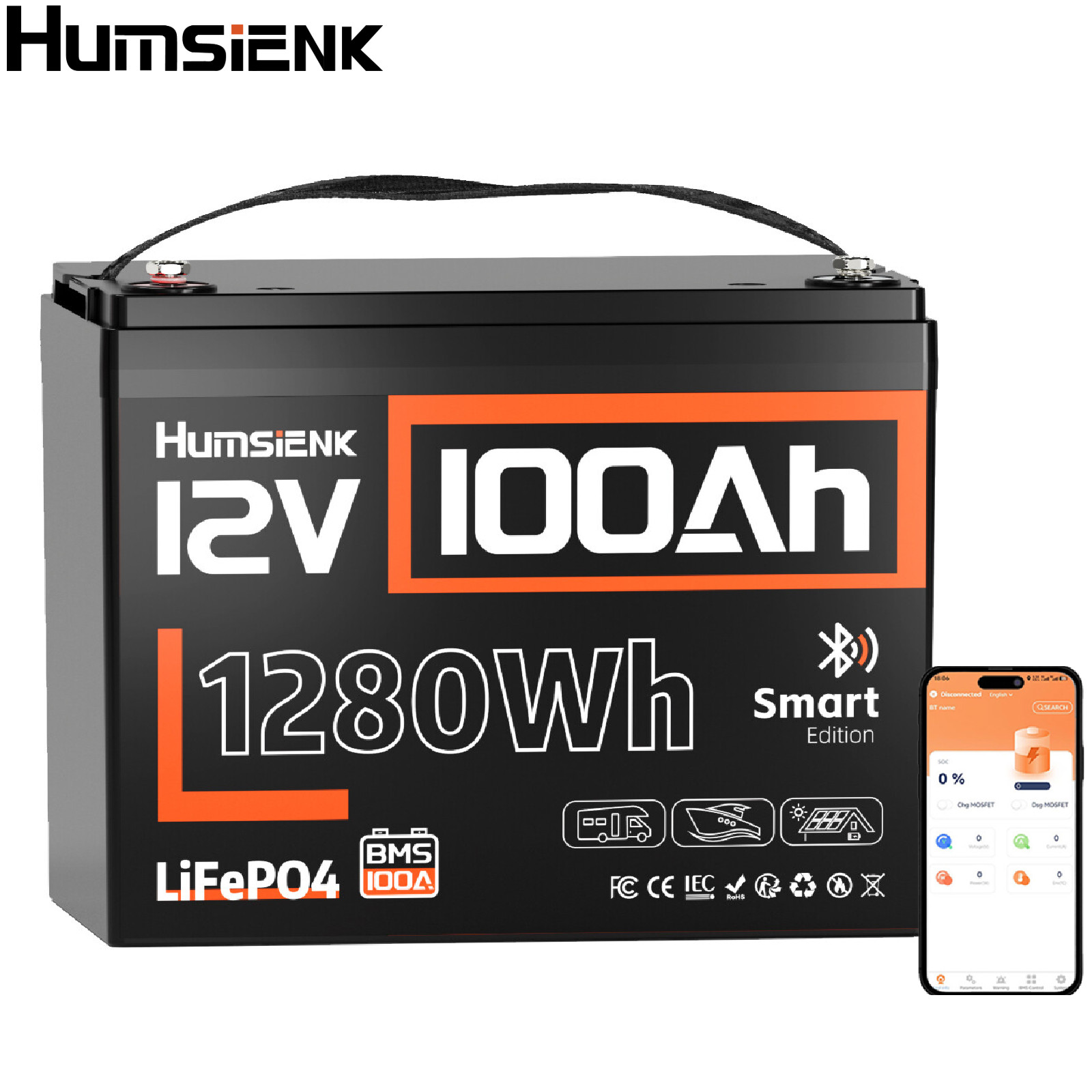 12V 100Ah Bluetooth LiFePO4 Lithium Battery 100A BMS 15000+ Cycles for Yacht RVs