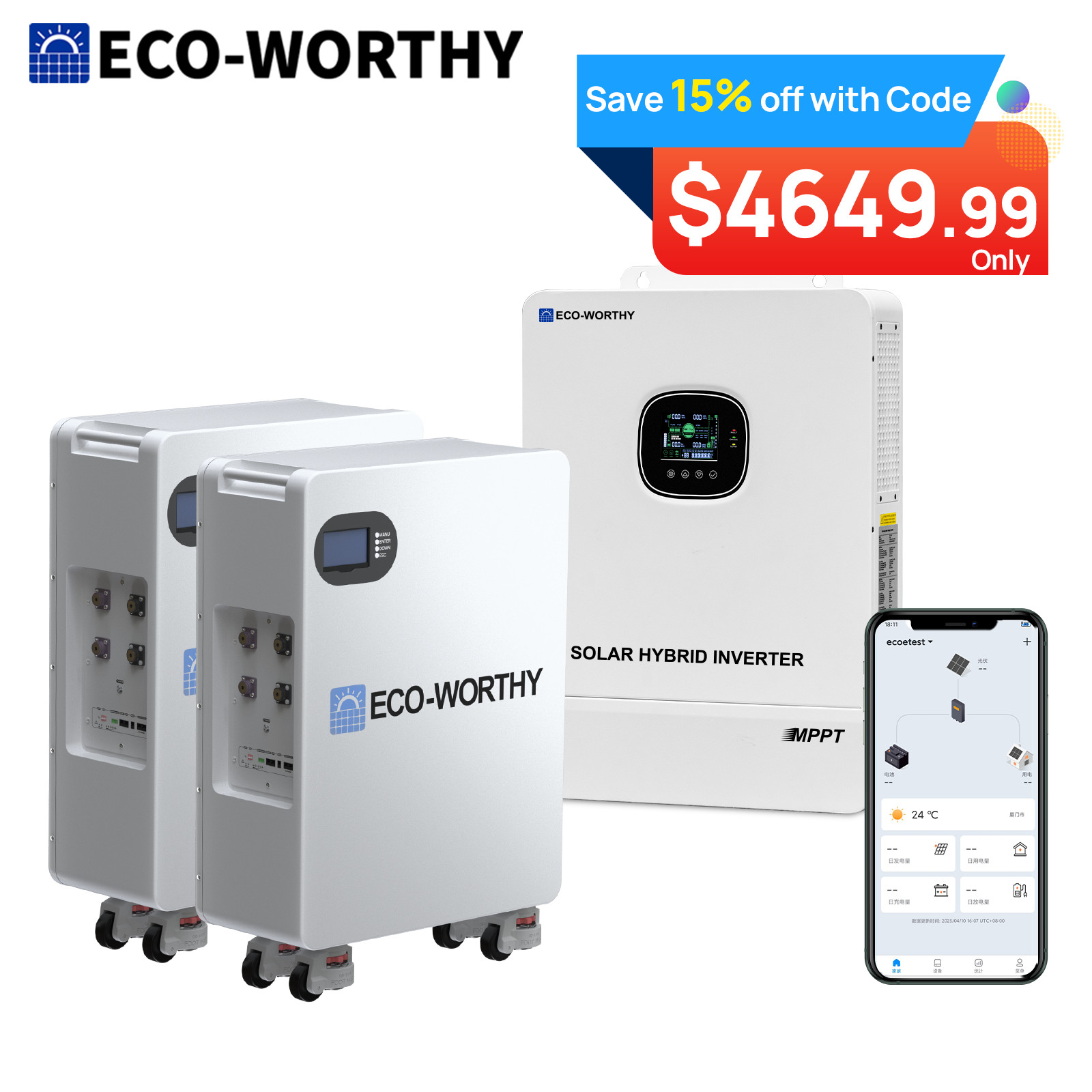 ECO-WORTHY Home Backup Power 28.66KWh 48V 280Ah Battery+10kW 48V Hybrid Inverter