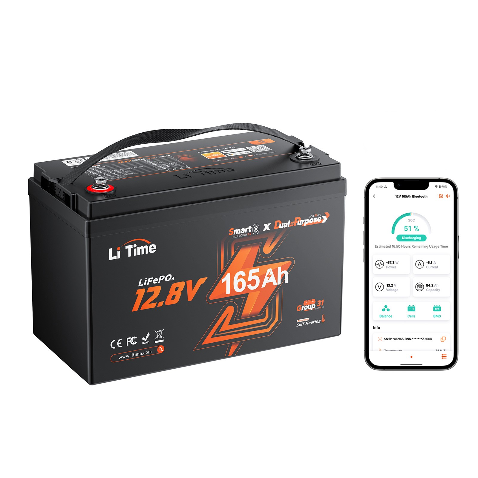 Refurbished LiTime 12V 165Ah Dual Use Marine Starting Lithium Battery 1200 CCA