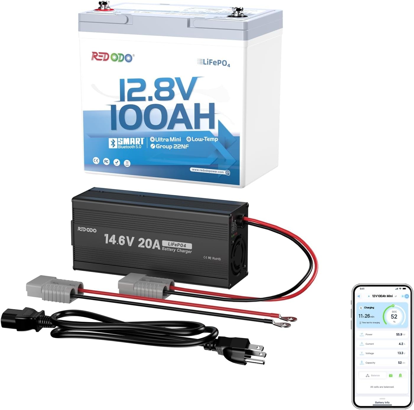 Redodo 12V 100Ah Bluetooth LiFePO4 Lithium Battery Group 22NF, 14.6V 20A Charger