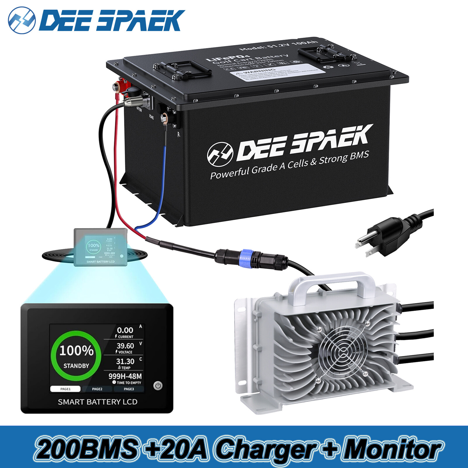 48V 105Ah Battery LiFePO4 Lithium Golf Cart 200A BMS 15000+Cycles +Monit+Charger