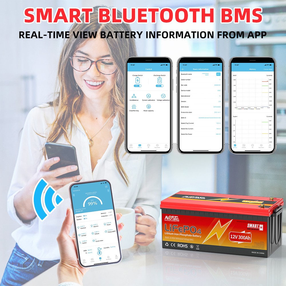 Bluetooth 12V 300Ah LiFePO4 Lithium Battery 200A BMS RV Marine Solar Low Temp