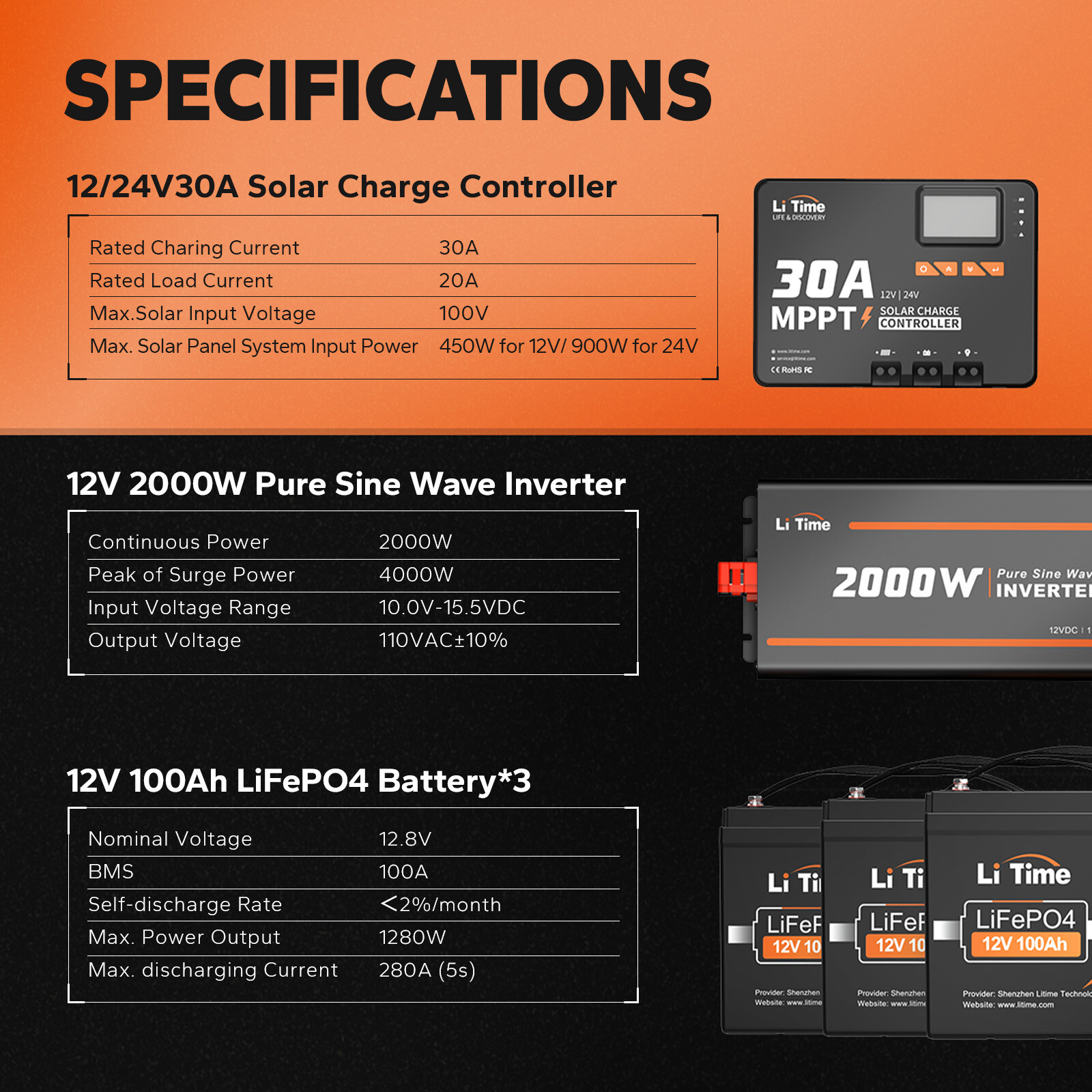 LiTime 3.84kWh Battery System 3x12V 100Ah LiFePO4+30A MPPT+2000W Inverter for RV