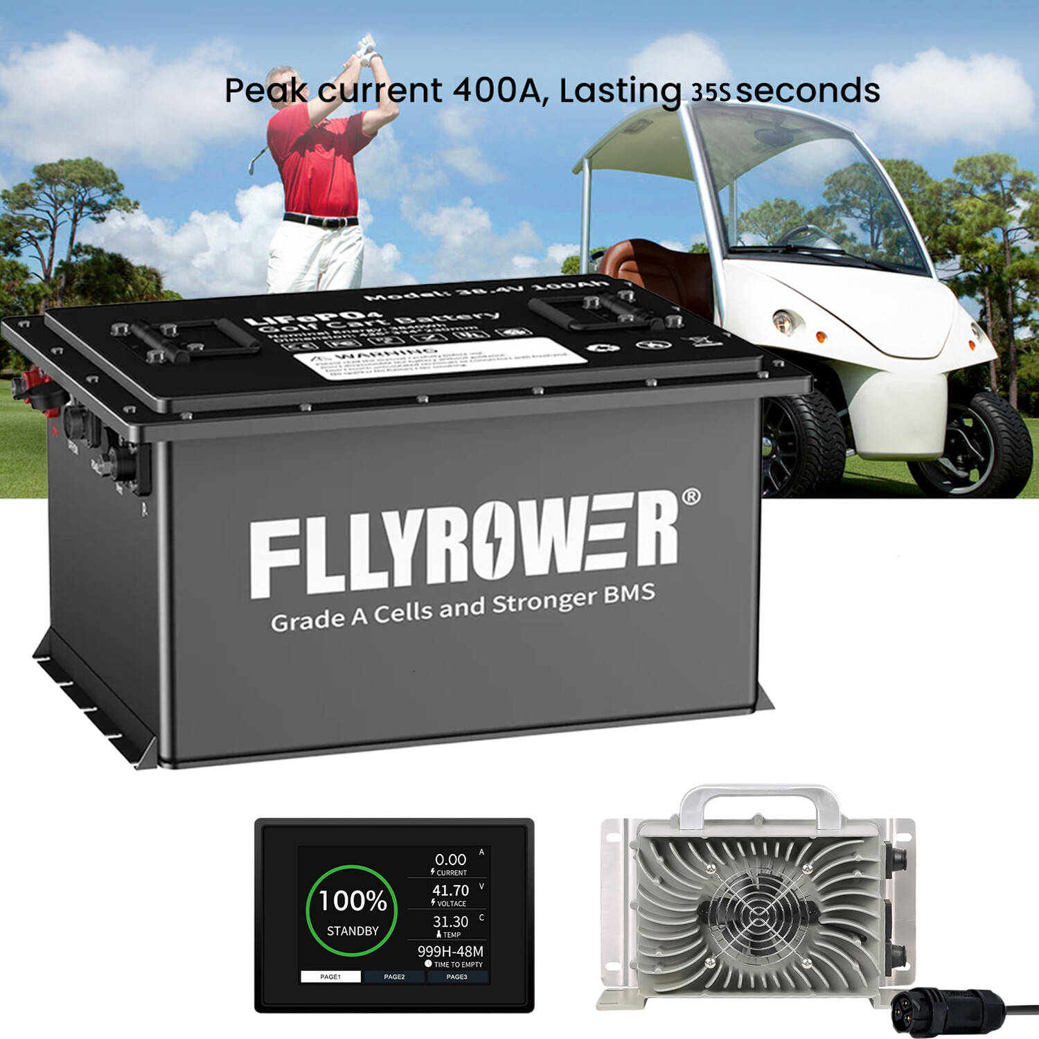 36V 100Ah LiFePO4 Golf Cart Battery 200A BMS 15000+ Cycle +Monit + 20A Charger