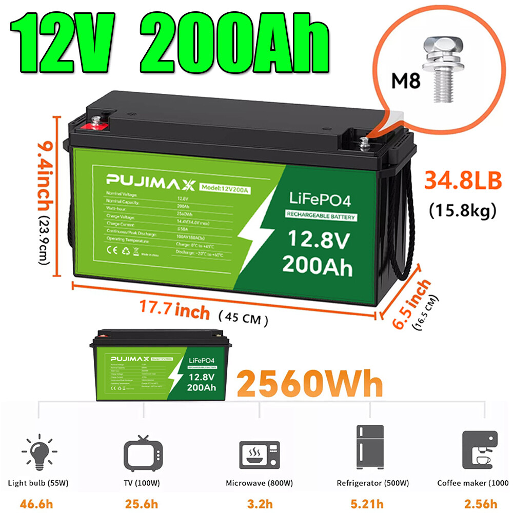 NEW 200Ah 12V LiFePO4 Lithium Battery 2560Wh Built-in BMS 15000+ Deep Cycle