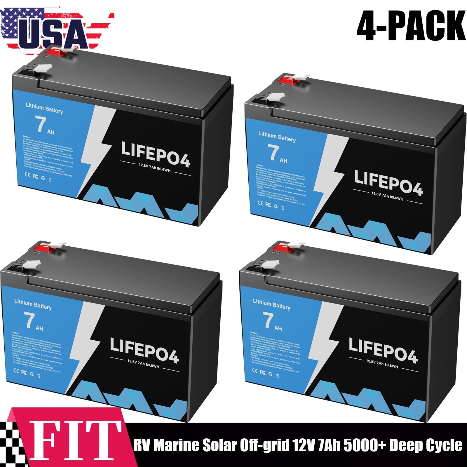 4-PACK 12V 7AH LiFePO4 Lithium Battery BMS Deep Cycle For RV Solar Panel Marine