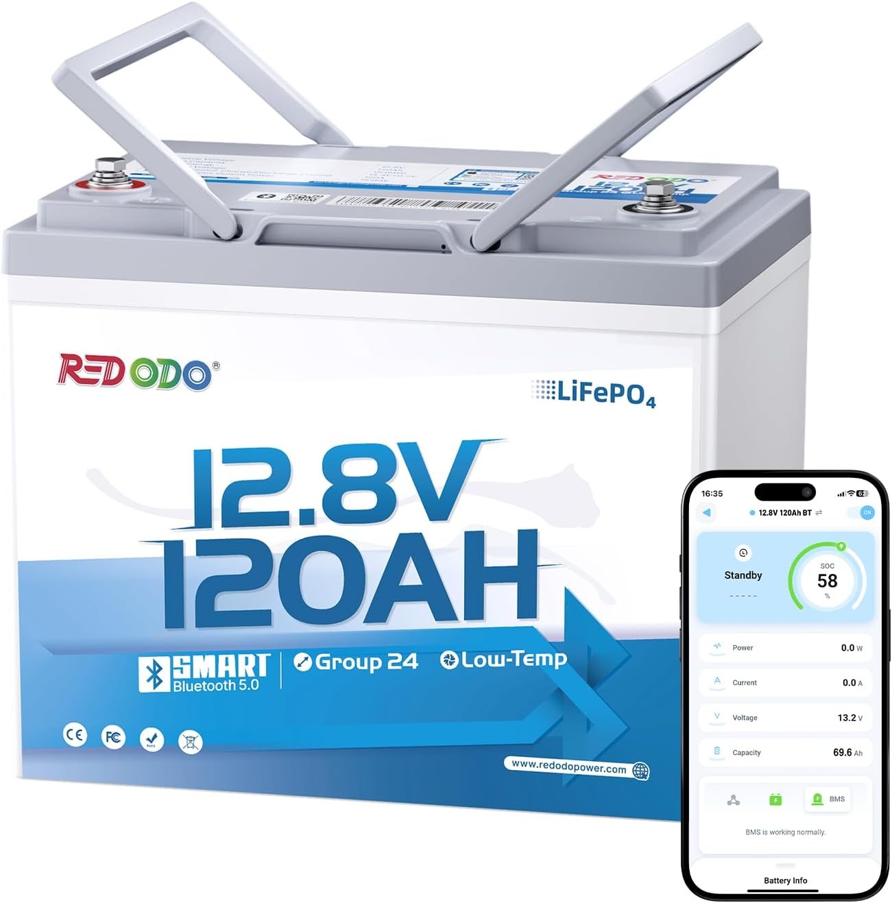 Redodo 12.8V 120Ah Bluetooth LiFePO4 Battery Group 24 & 1536Wh Energy for RV