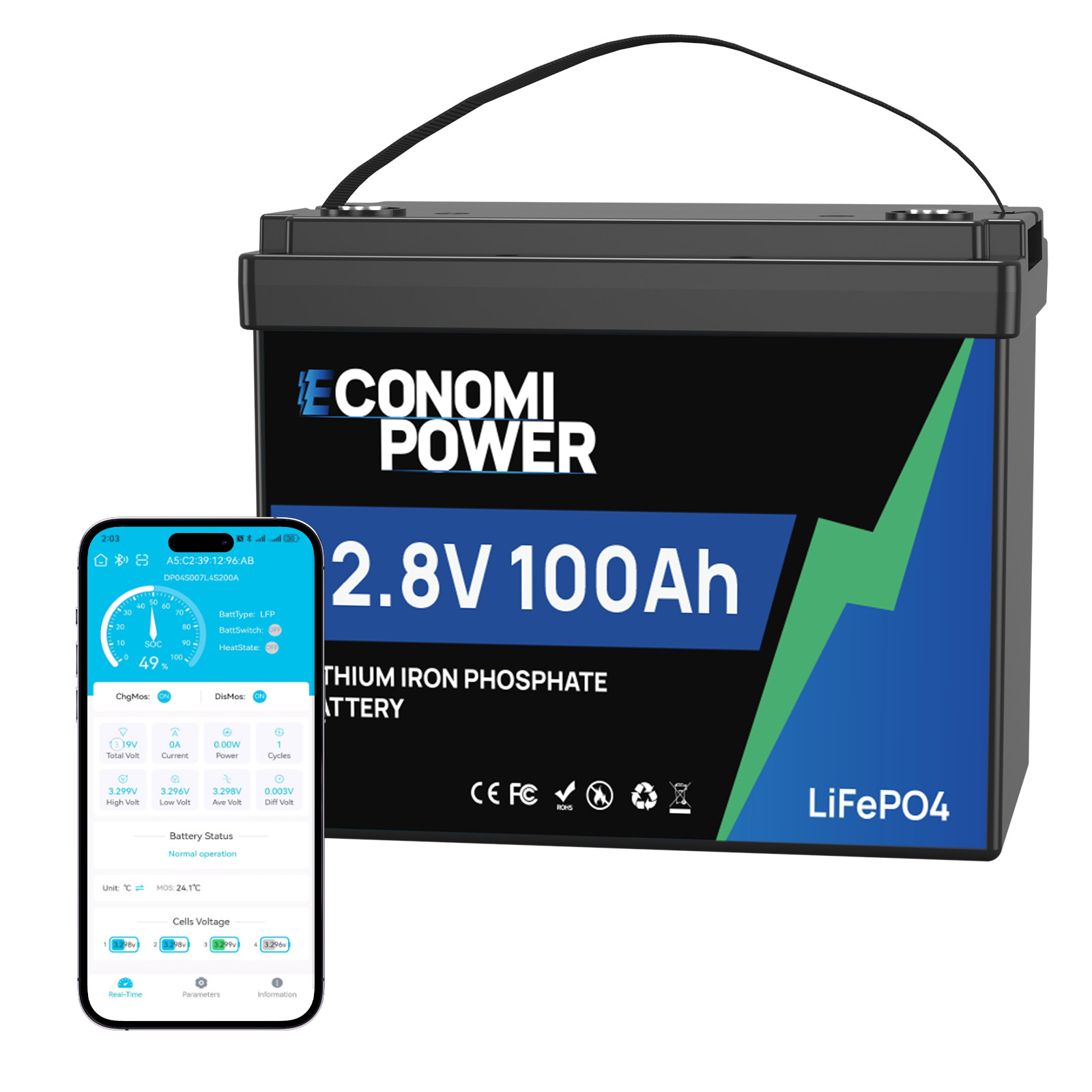 12V 100Ah LiFePO4 Battery Bluetooth Deep Cycle BMS For RV Solar Marine Off-Grid