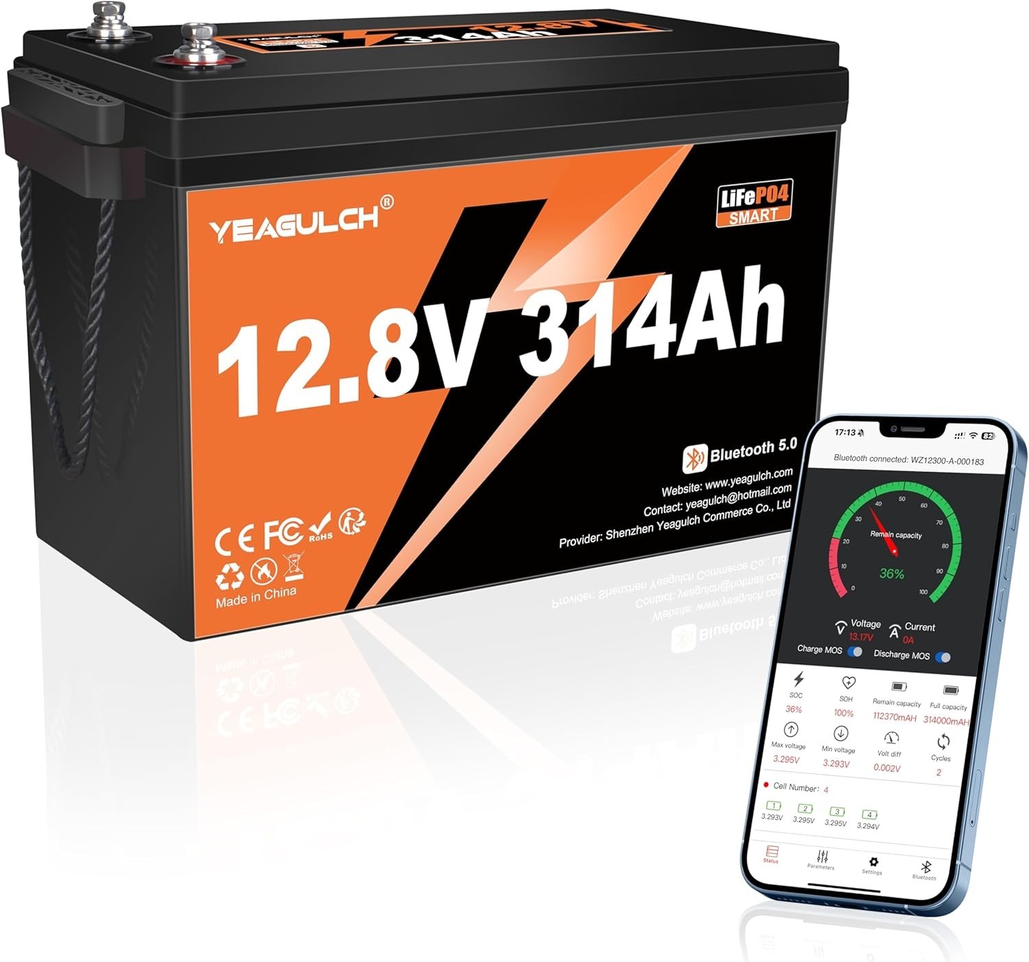 12V 314Ah LiFePO4 Lithium Battery with Bluetooth 200A BMS 4019Wh 15000+