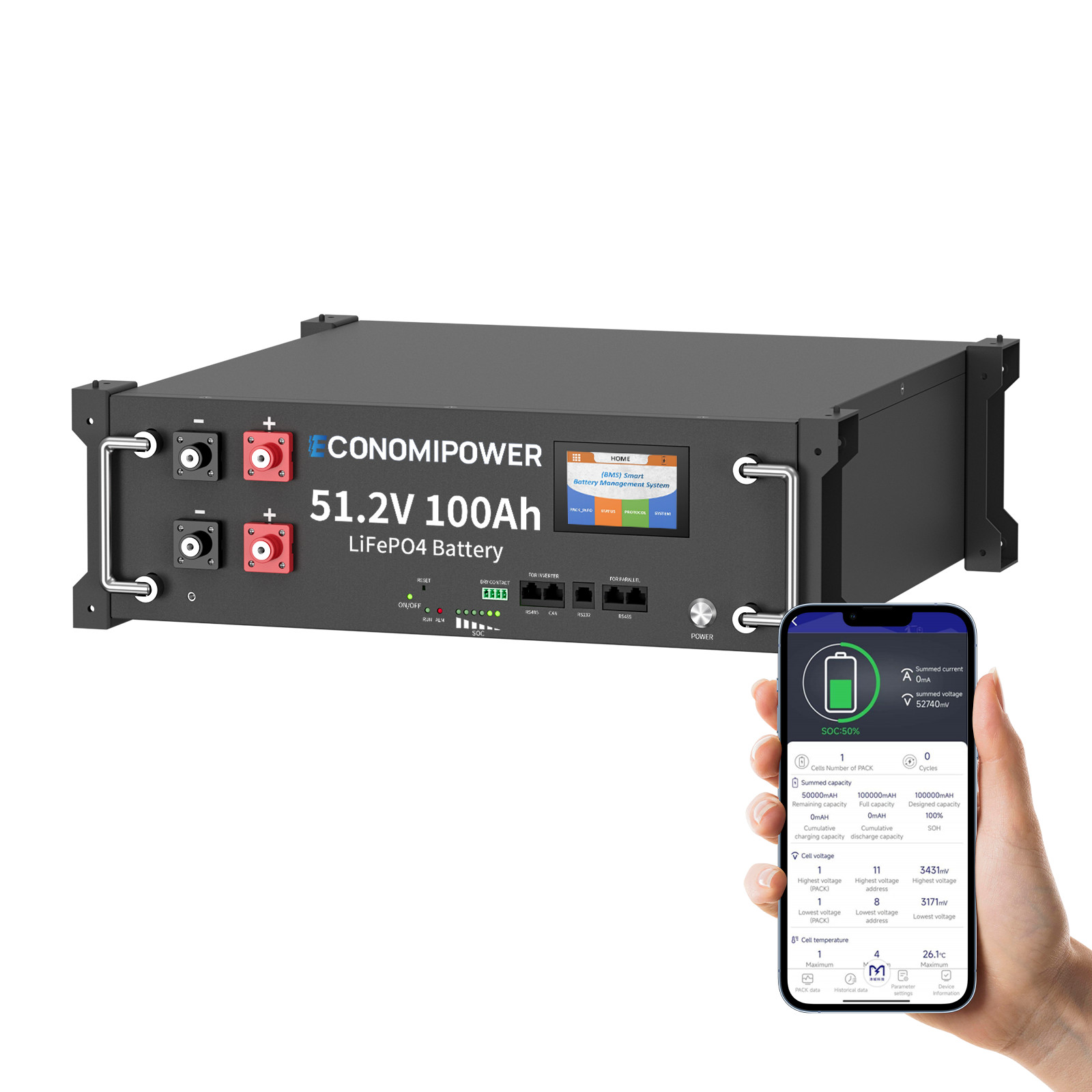 51.2V 100Ah Rack LiFePO4 Battery 100A BMS Bluetooth Solar Home Storage Off-Grid