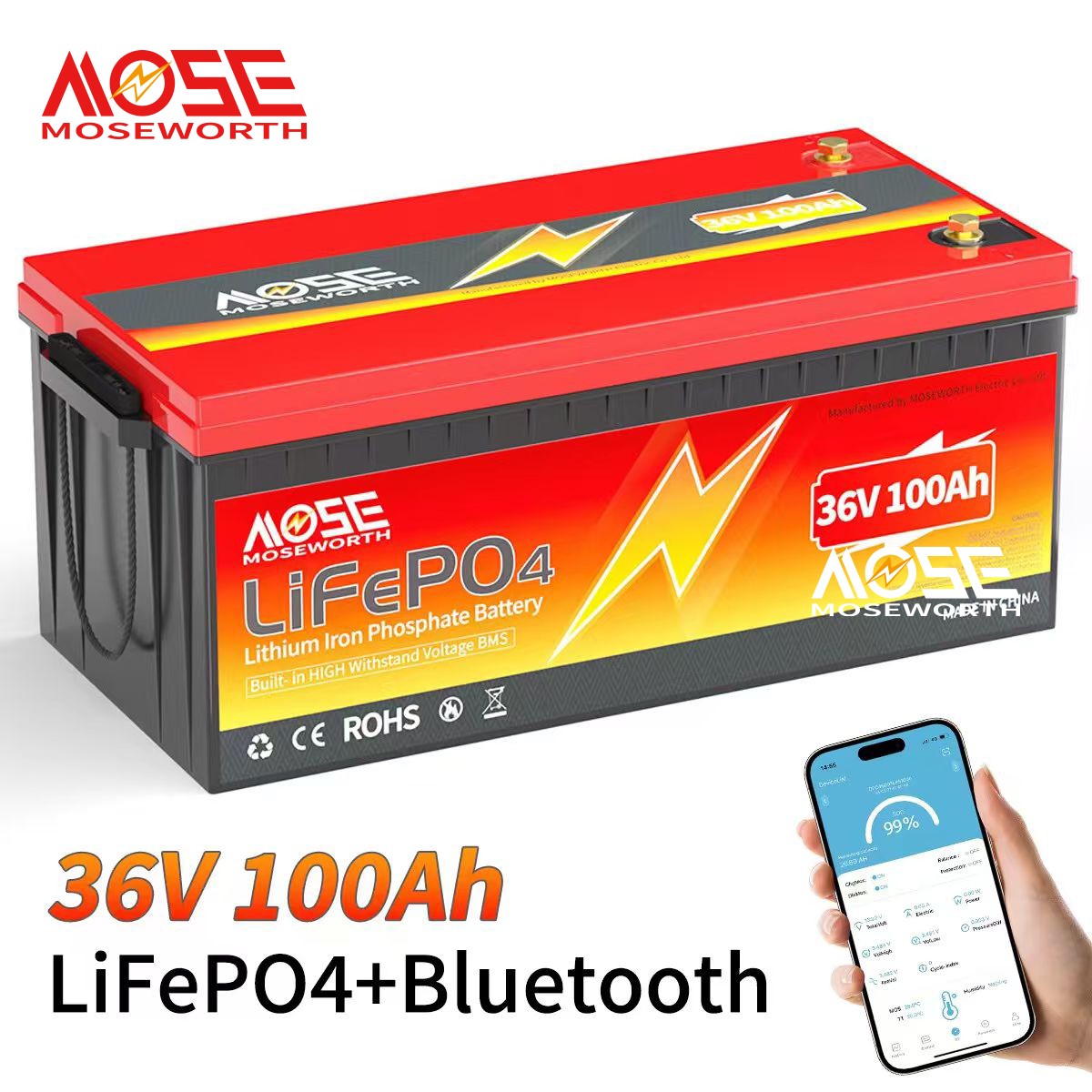36V 48V 100Ah 105Ah LiFePO4 Bluetooth Lithium Battery 200A BMS RV Golf Cart