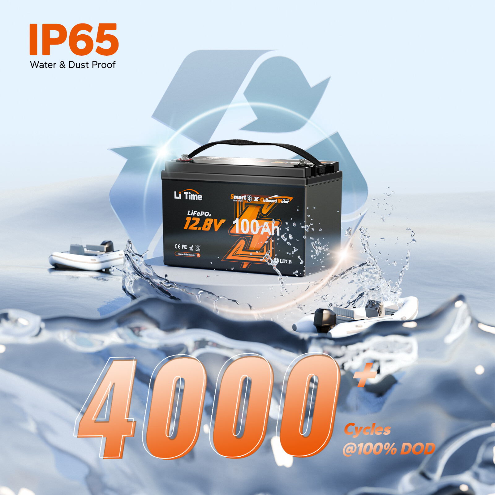 LiTime 12V 100Ah OBM Lithium Marine Battery for Outboard Motors-Refurbished